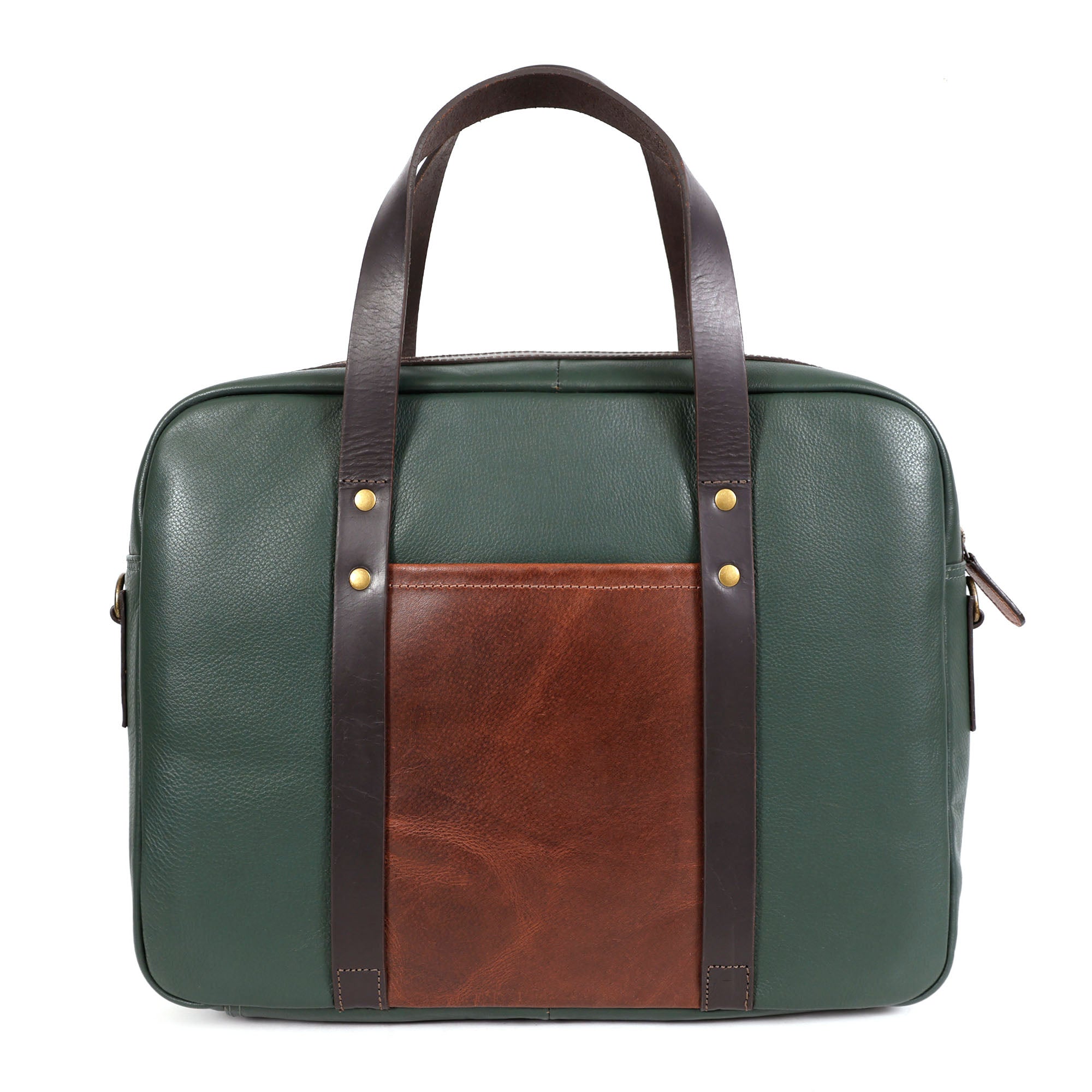 Two-Tone Premium Leather Laptop Briefcase - Green & Brown