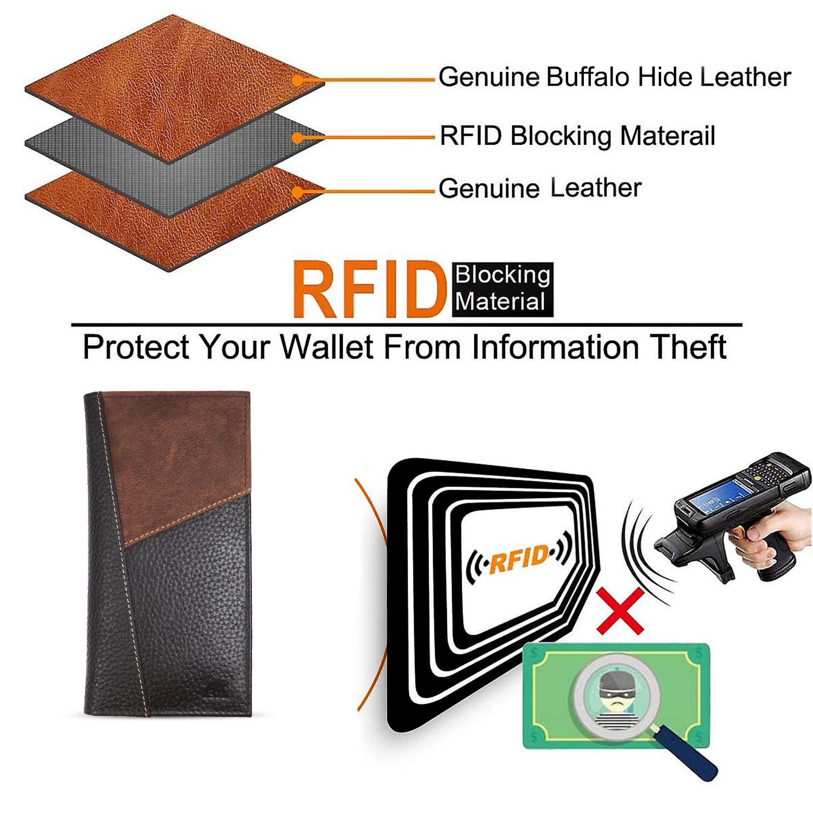 Premium Long Leather Clutch Wallet Black & Brown | GM Leather(WN-124)