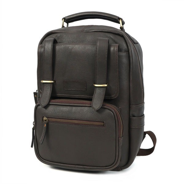 Brown leather backpack on a white background