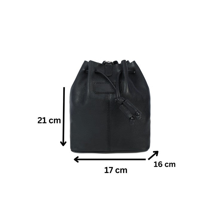 Black leather drawstring bag with measurements on a white background