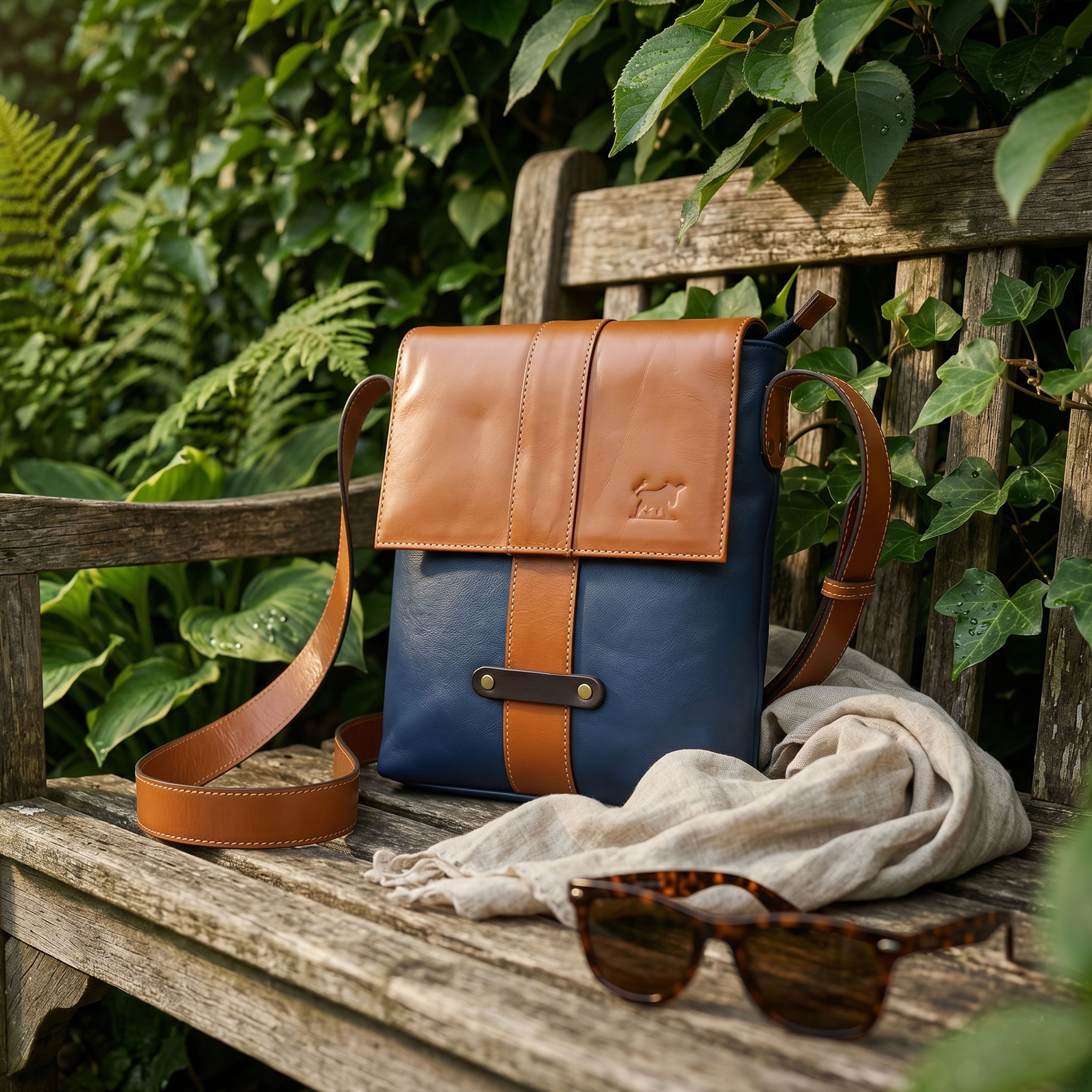 Premium Leather Messenger Bag - Two-Tone Navy & Tan