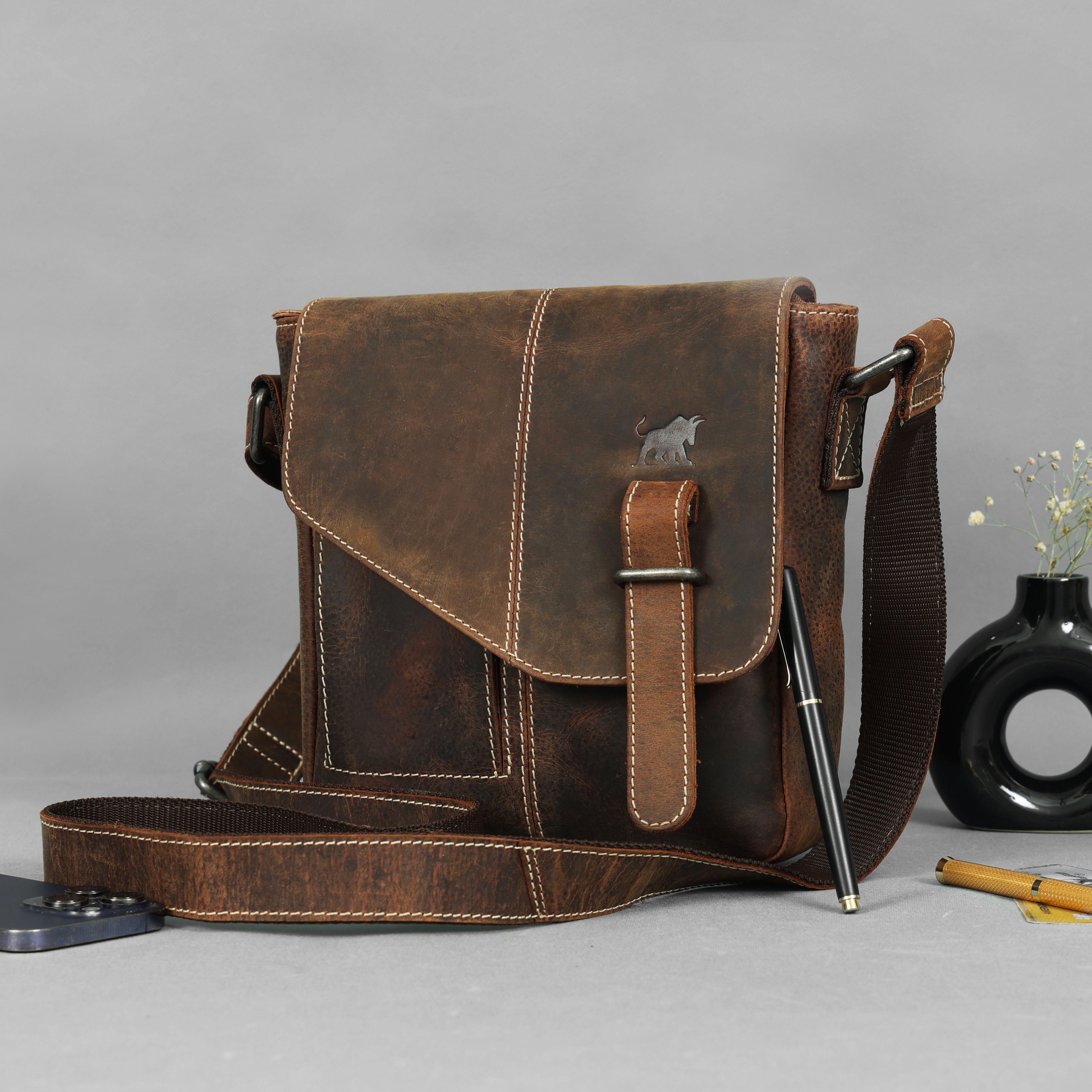 Hunter Leather Messenger Bag | Rustic Brown Satchel(151-V)