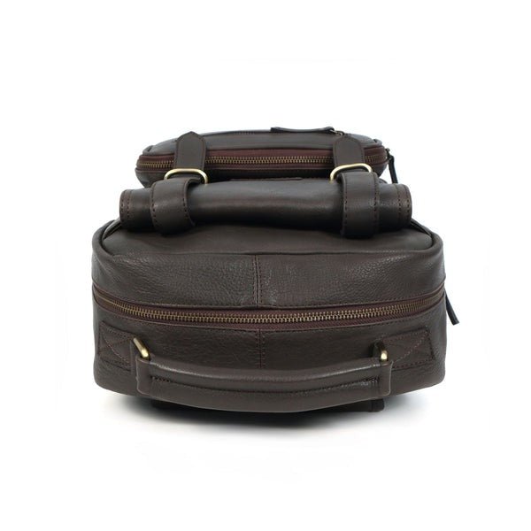Brown leather bag with a handle on a white background