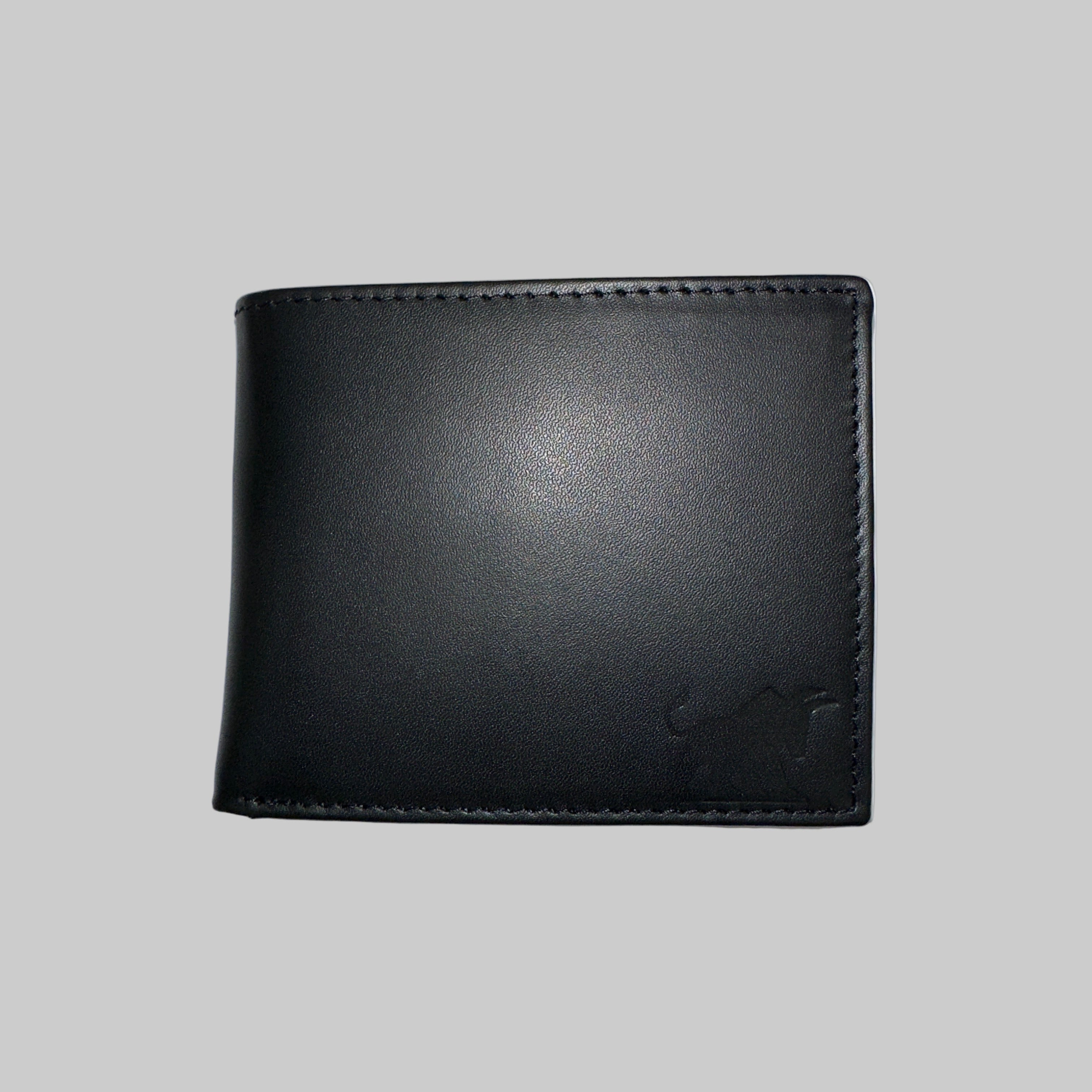 Black leather wallet on a light gray background