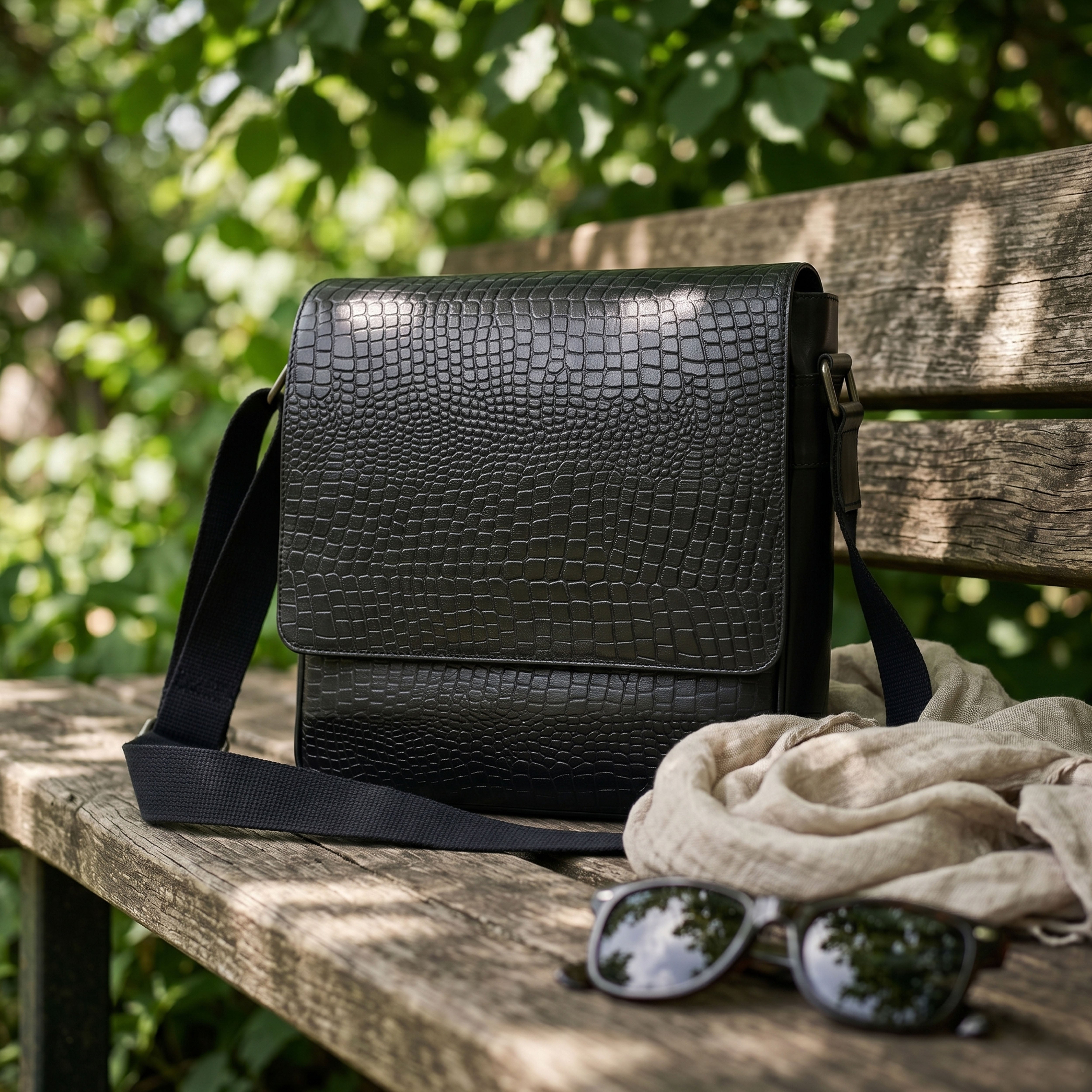 Black Croc Leather Messenger Bag - Premium Satchel