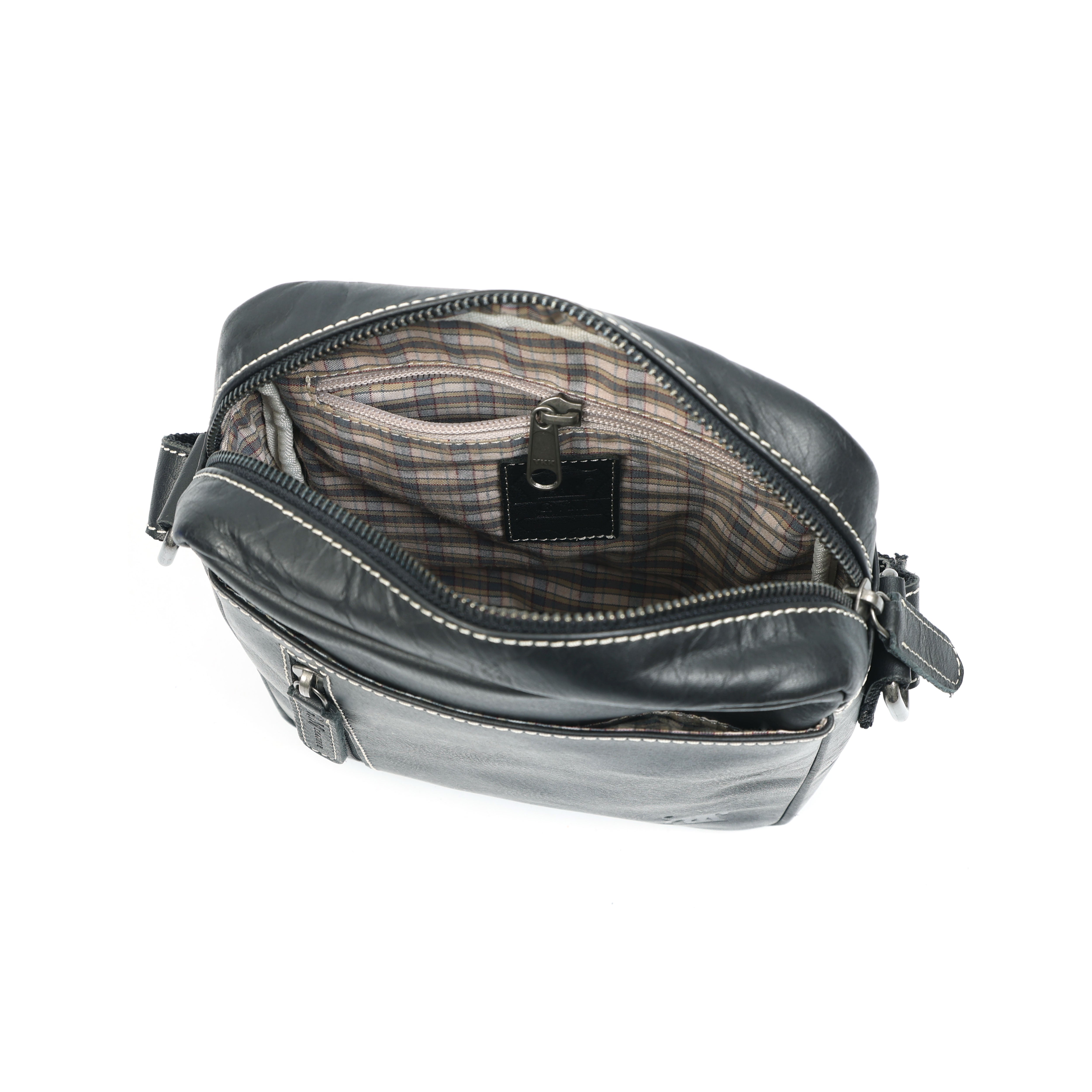 GM Leather Black Sling Bag | Contrast Stitch Small Leather Pouch(el-gm-108)