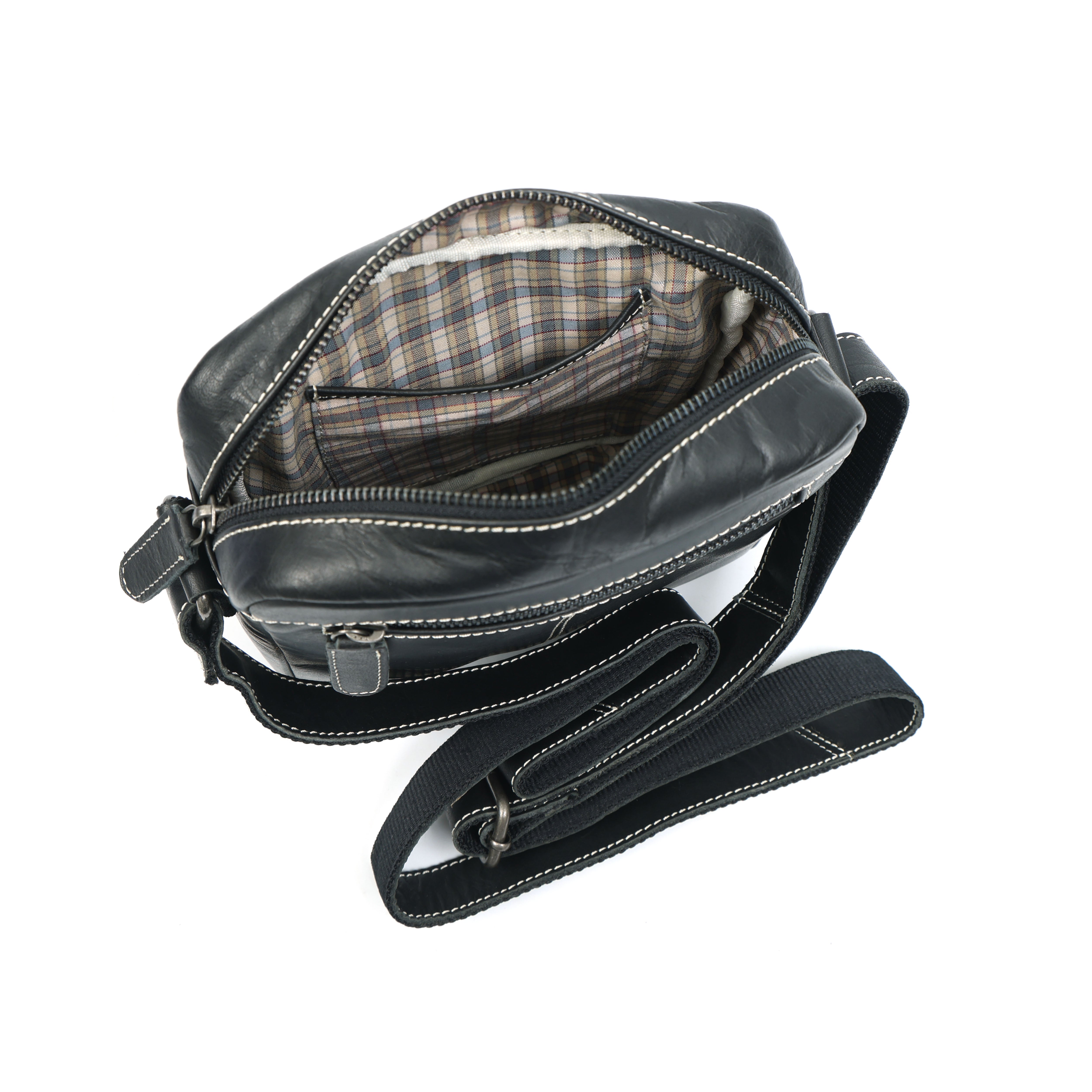 GM Leather Black Sling Bag | Contrast Stitch Small Leather Pouch(el-gm-108)