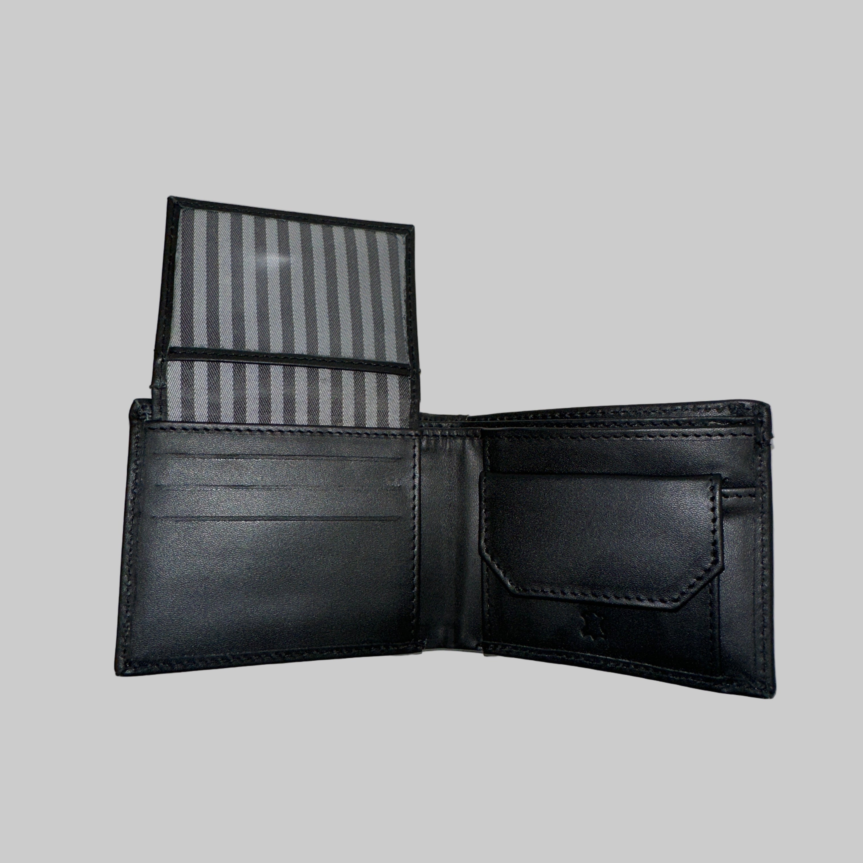 Black leather wallet with a striped lining on a white background