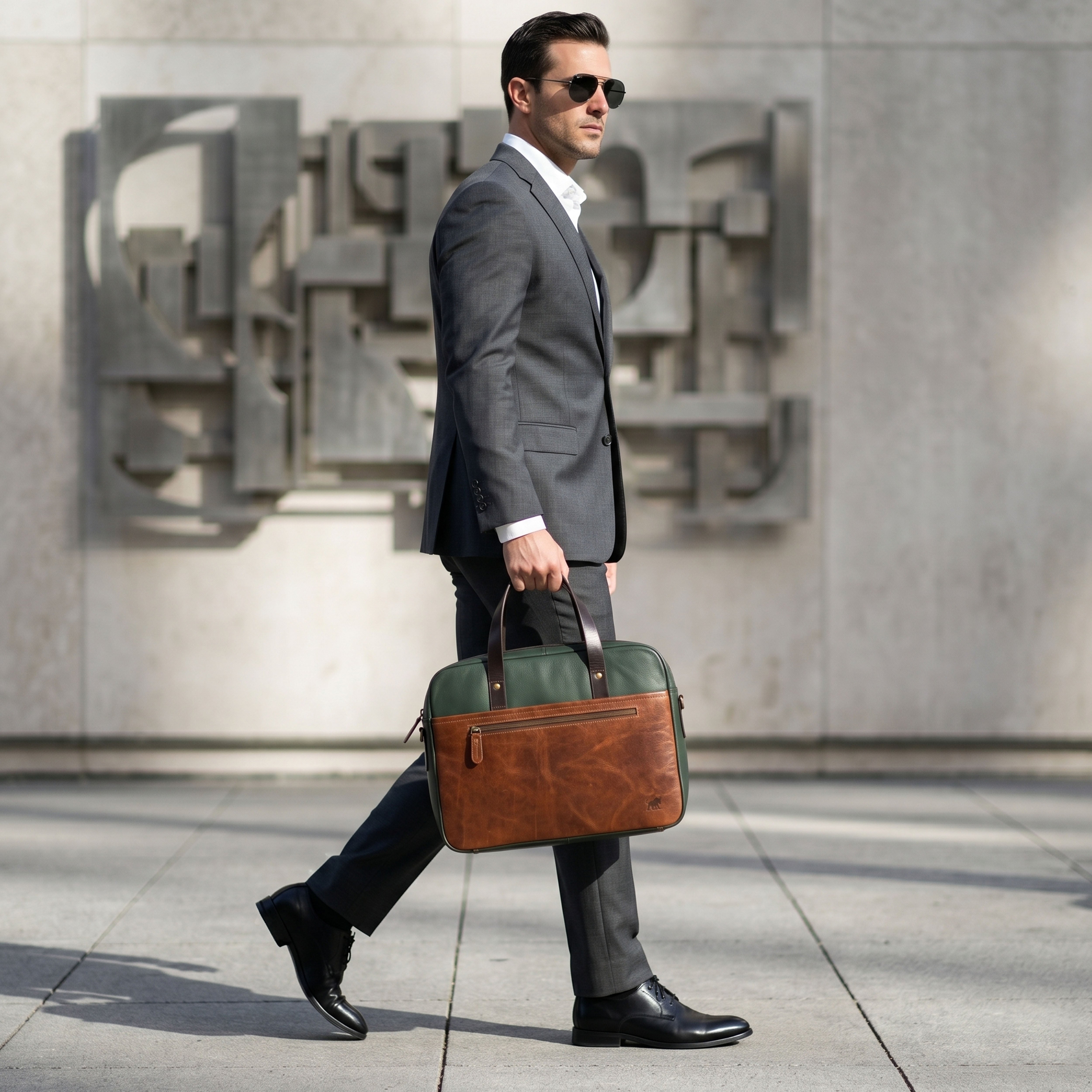 Two-Tone Premium Leather Laptop Briefcase - Green & Brown
