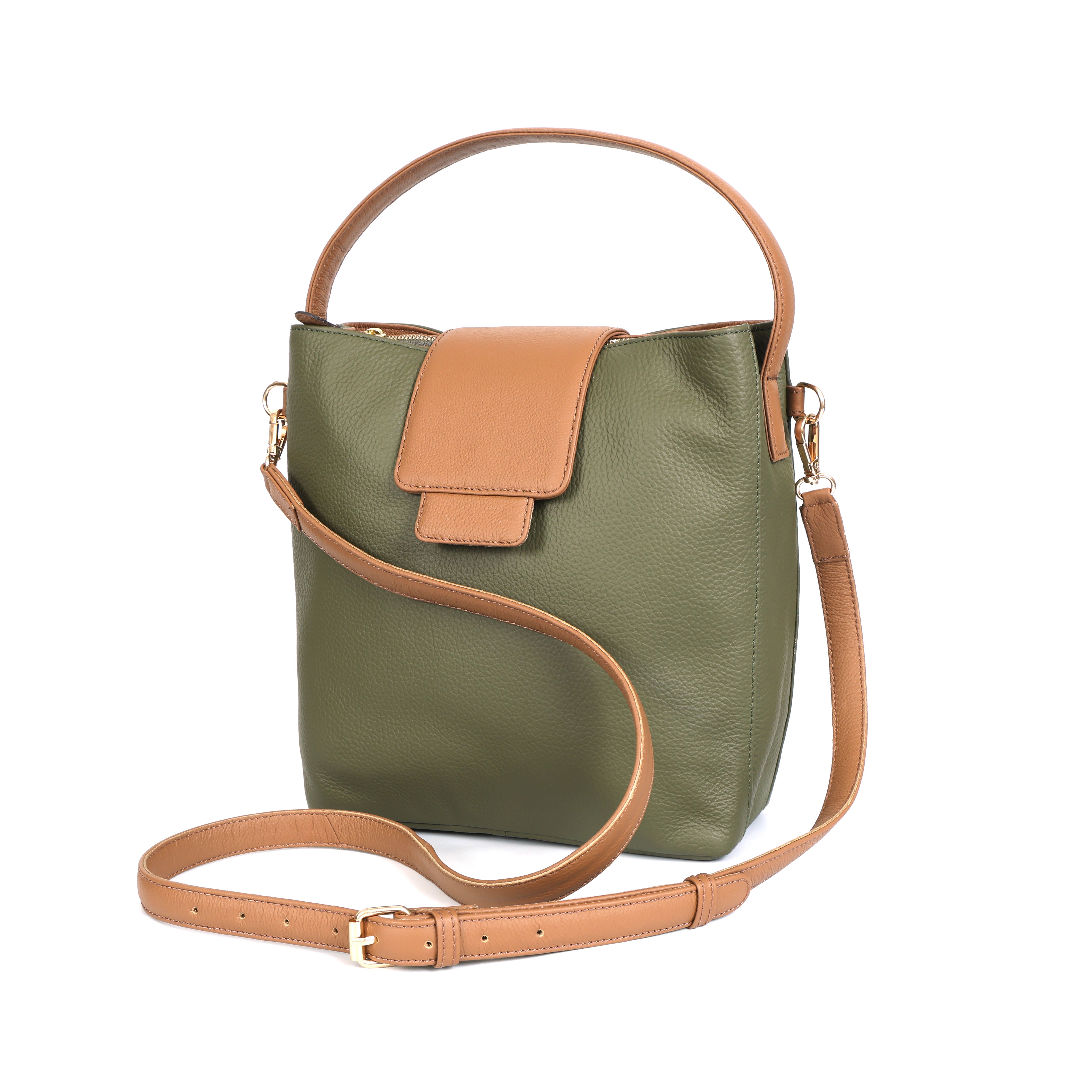 Artisan Leather Bucket Bag in Olive & Tan (el-gm-39-f)