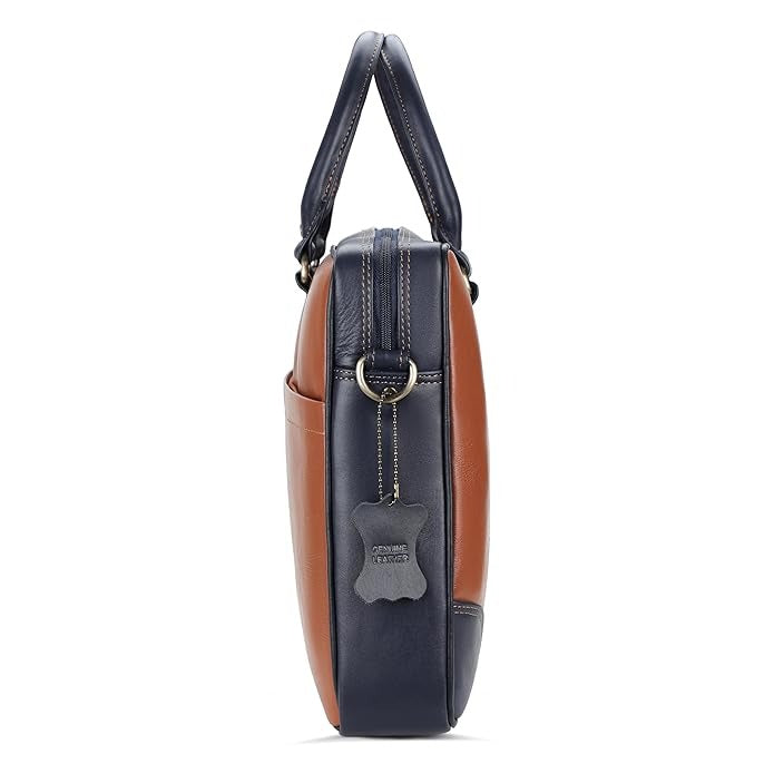 Black and brown leather handbag with a visible brand logo on a white background