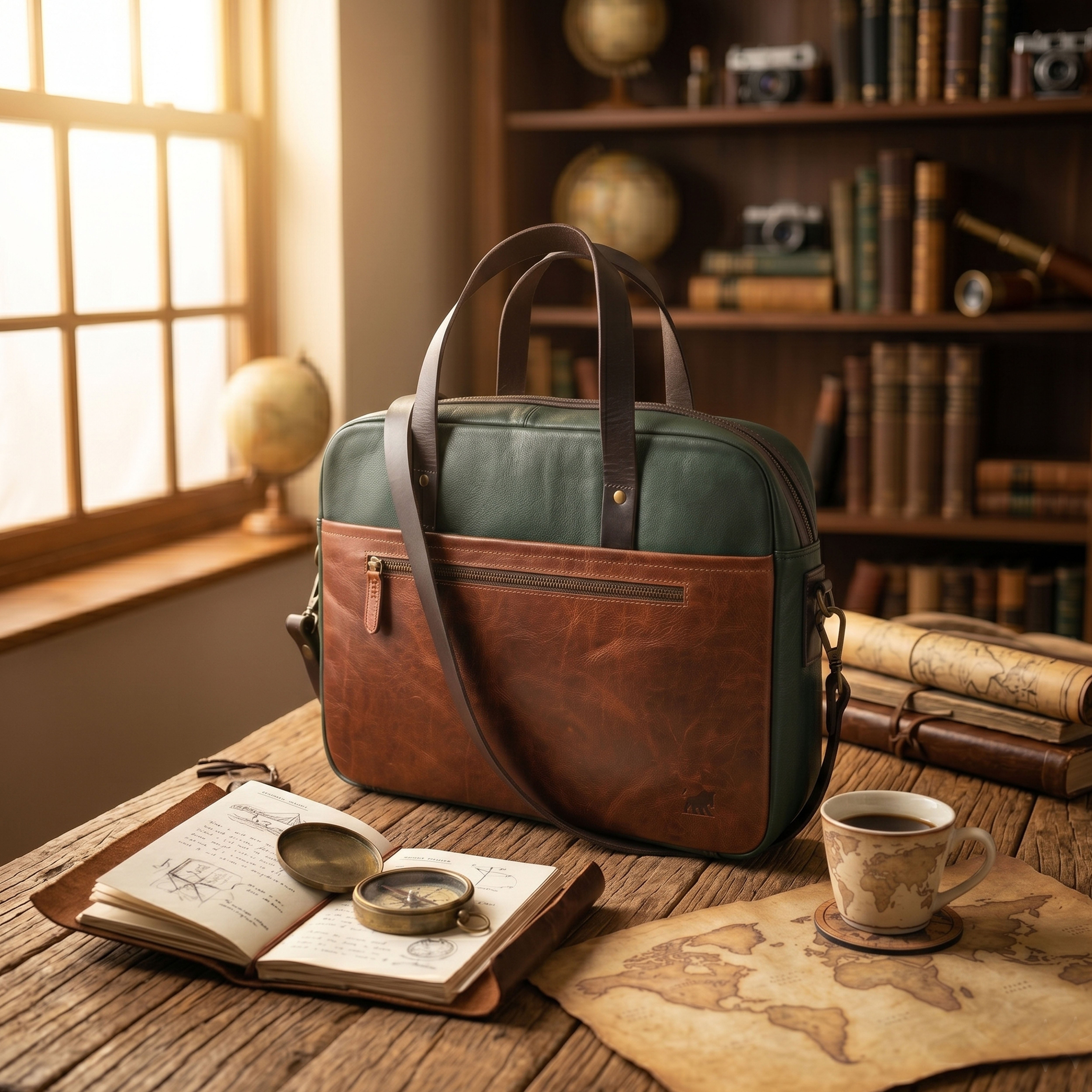 Two-Tone Premium Leather Laptop Briefcase - Green & Brown