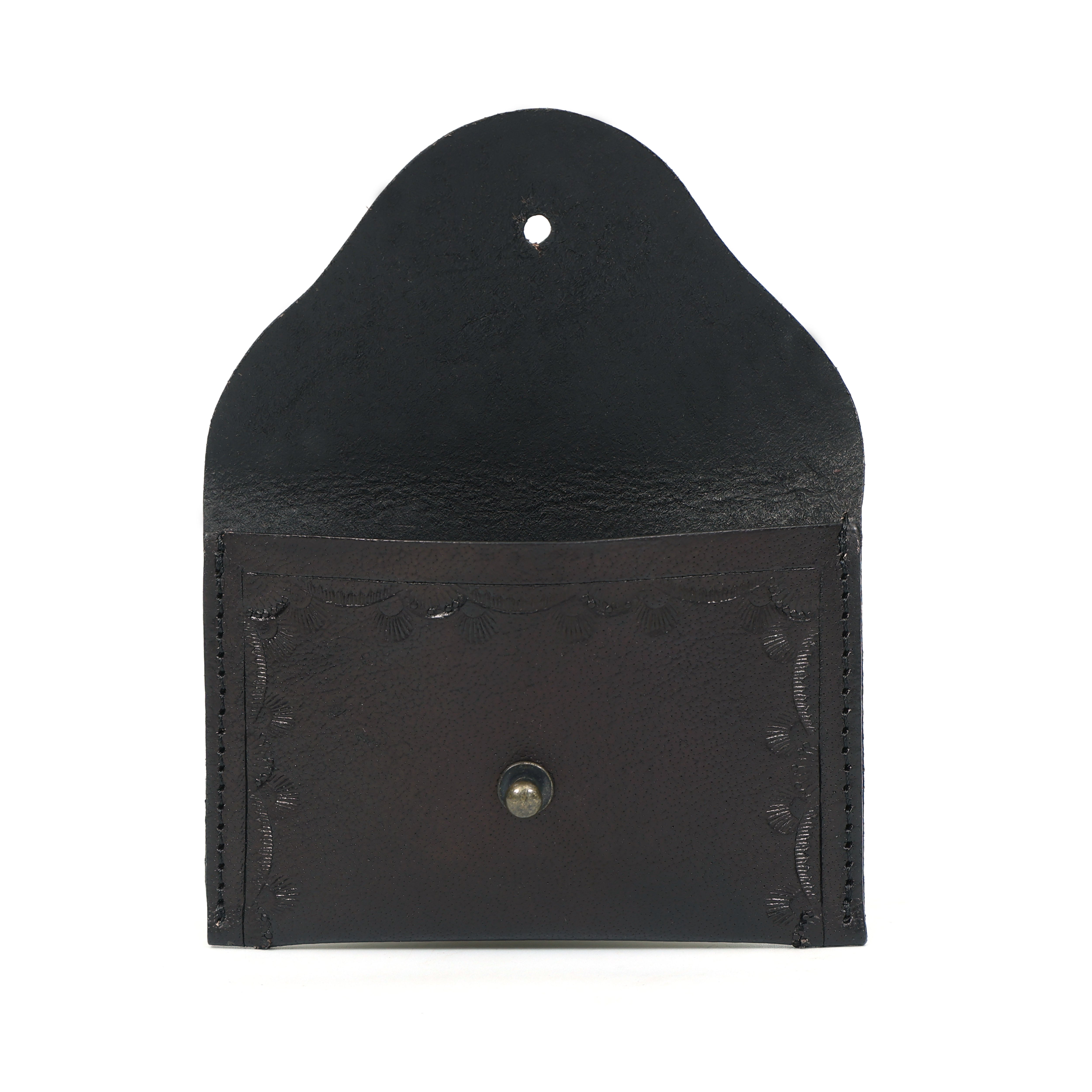 Handcrafted Floral Embossed Leather Coin, Card Pouch | Black | GM Leather(gm-45-on)