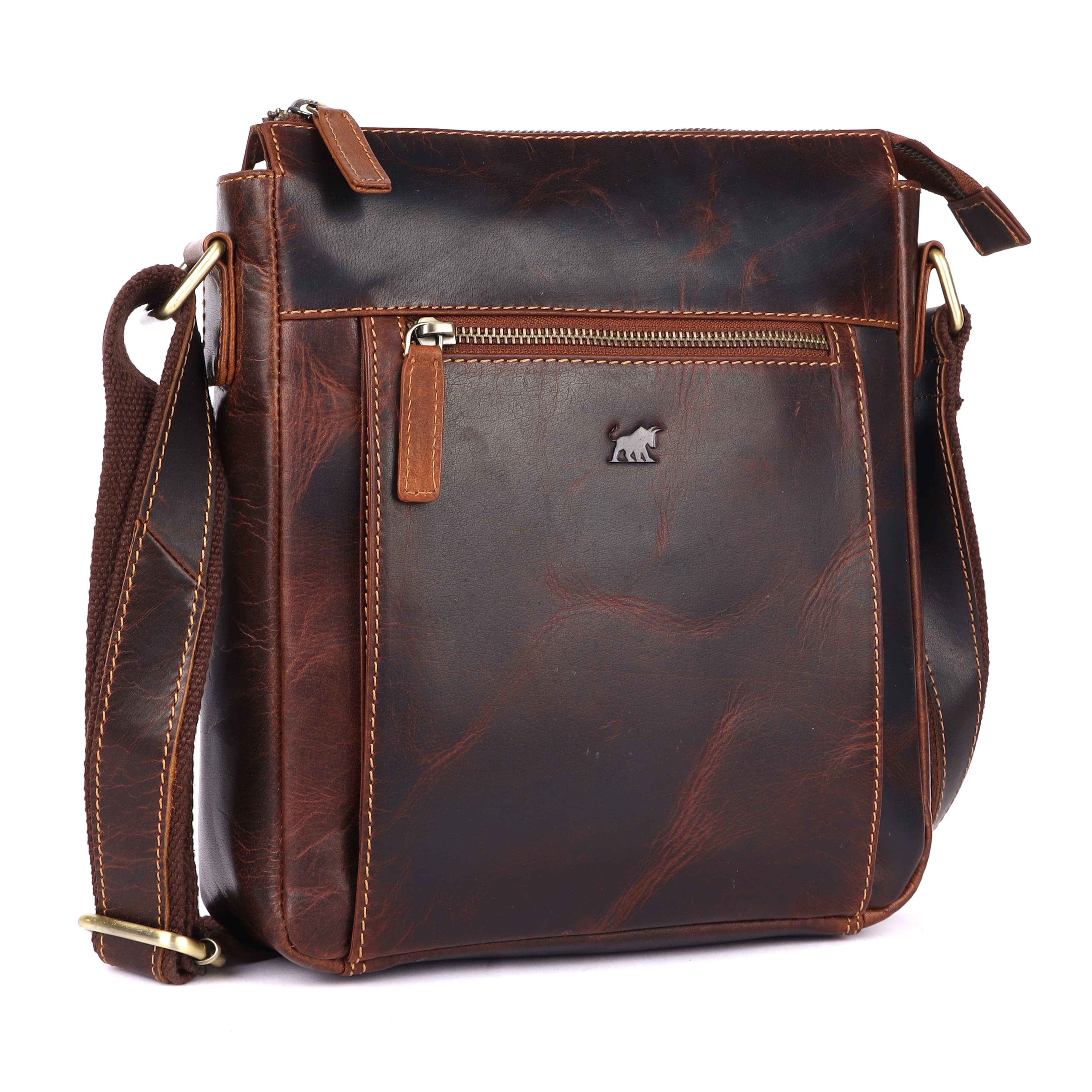 Brown leather crossbody bag with visible brand logo on a white background