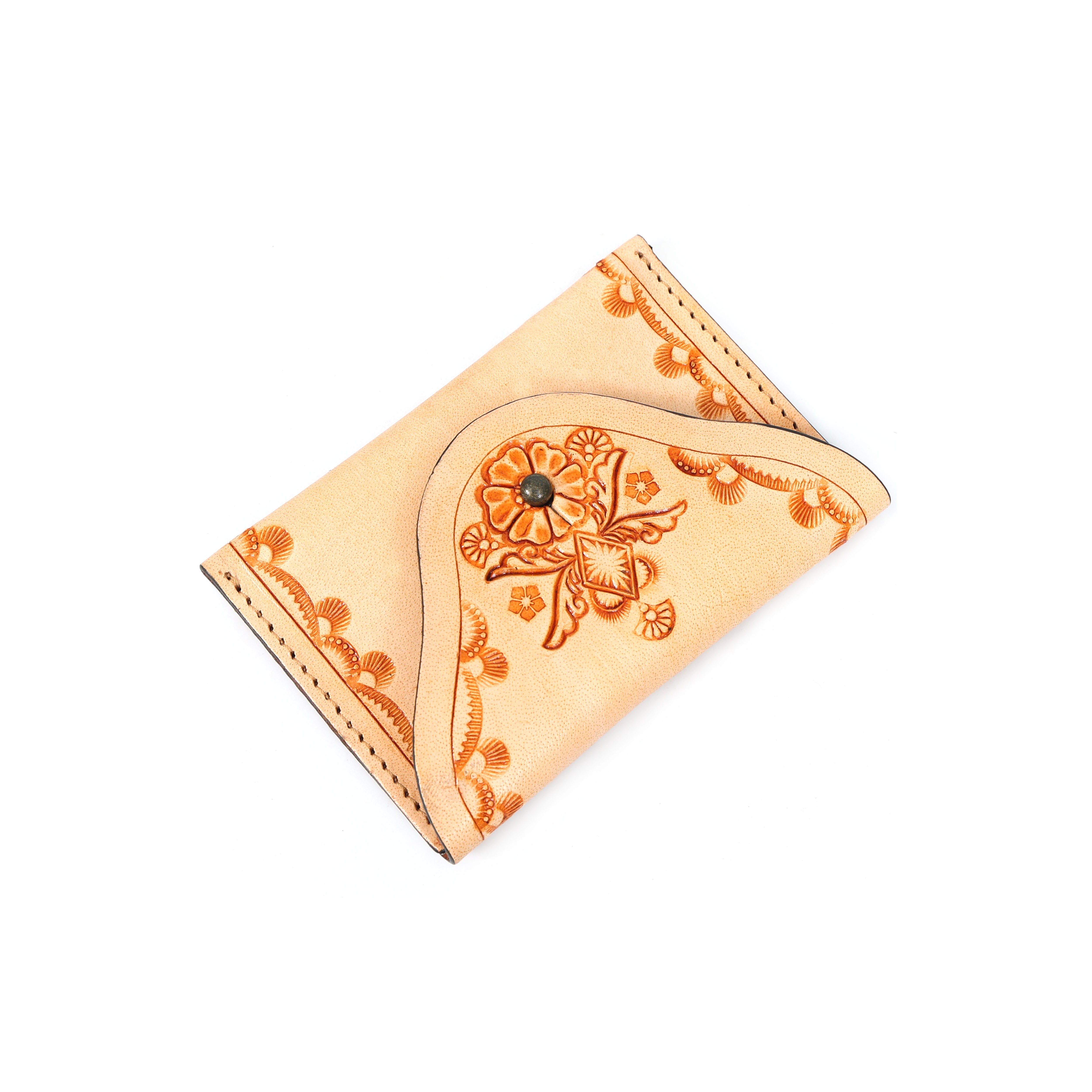 Handcrafted Floral Embossed Leather Coin, Card Pouch | Black | GM Leather(gm-45-on)