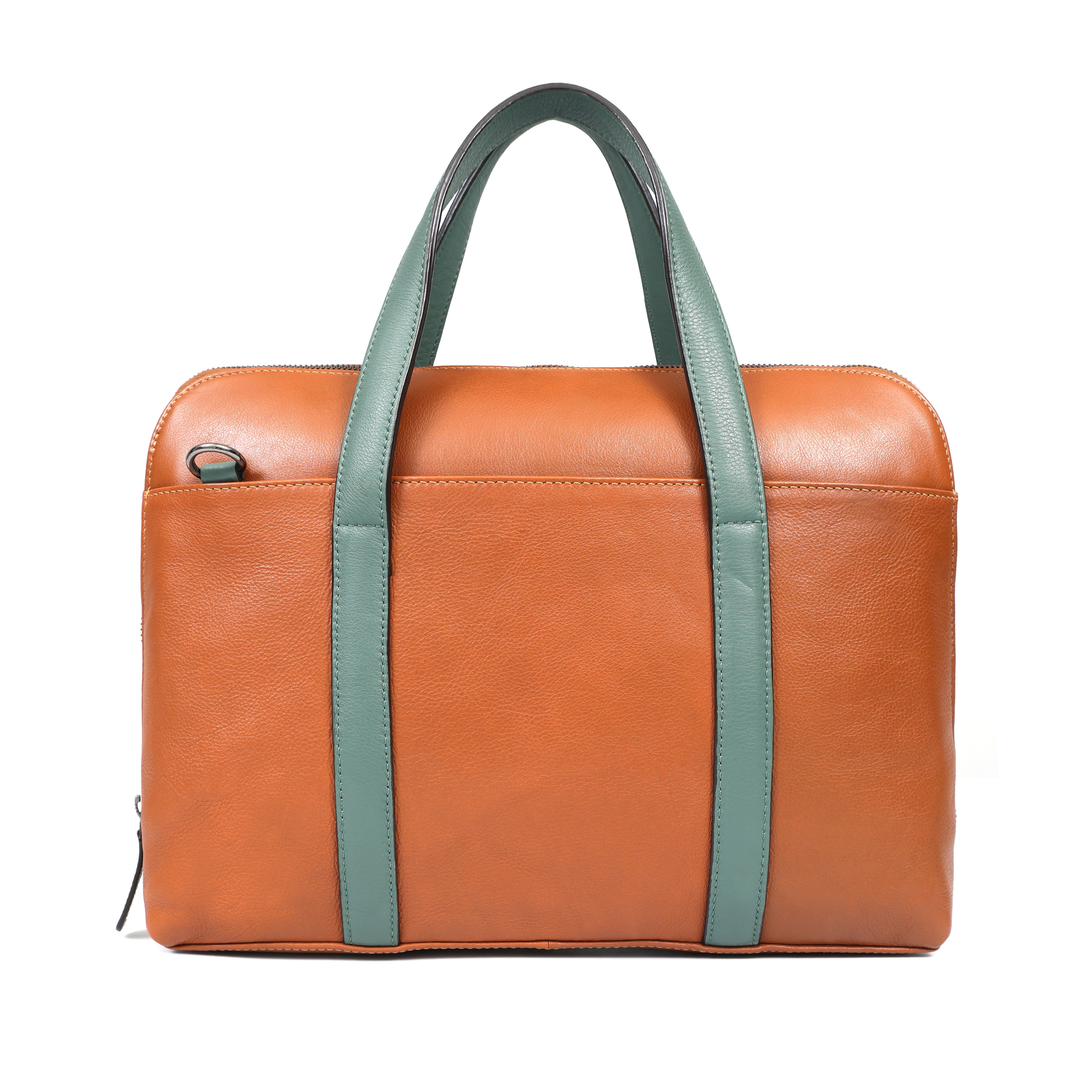 Tan Leather Laptop Bag | Green Accent Business Briefcase(EL-GM-510-E)