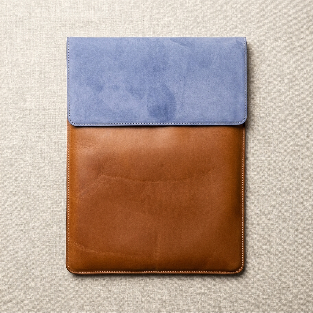 A two-tone laptop sleeve featuring a light blue suede flap and a brown leather 