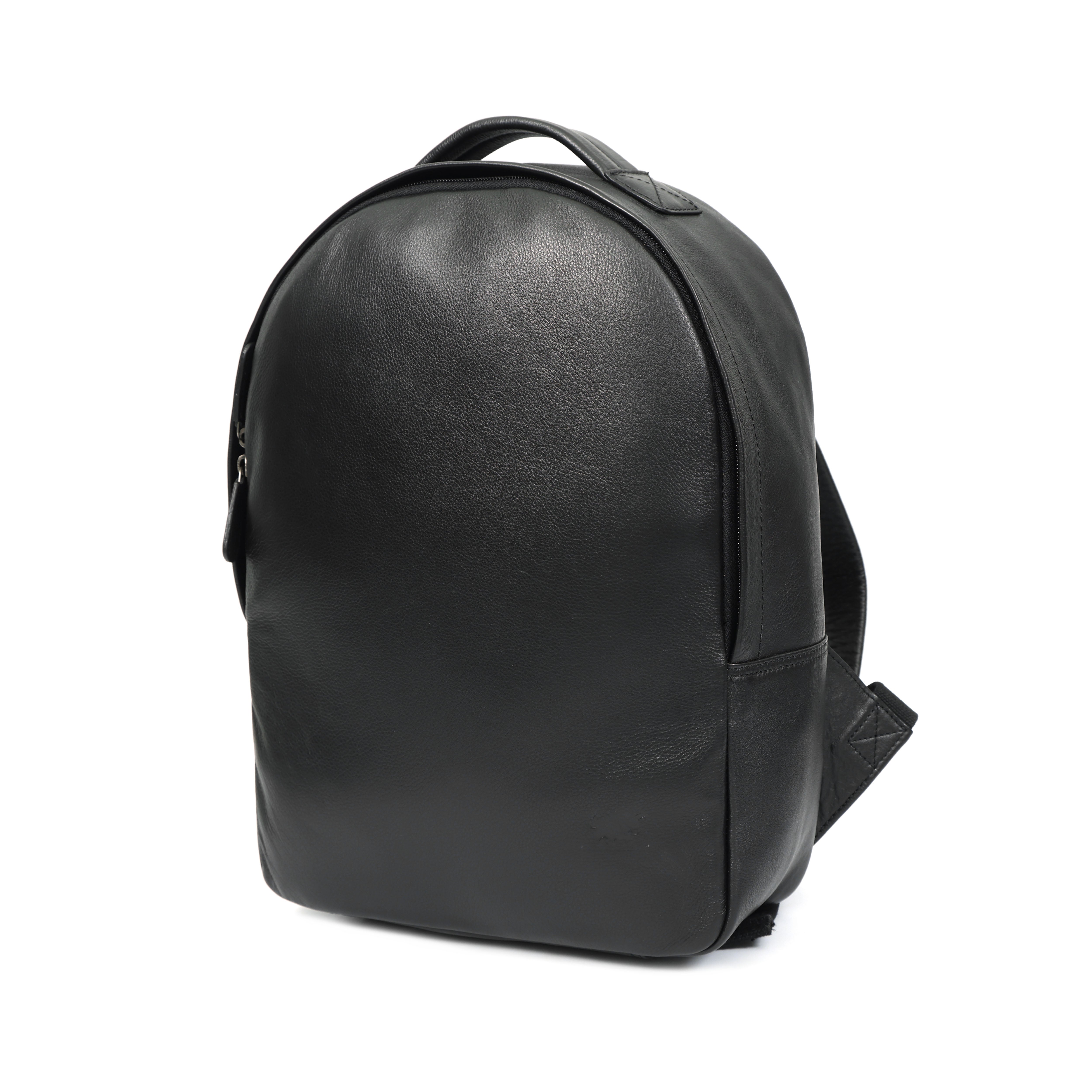 Black leather backpack with a smooth, minimalist design and a top handle.