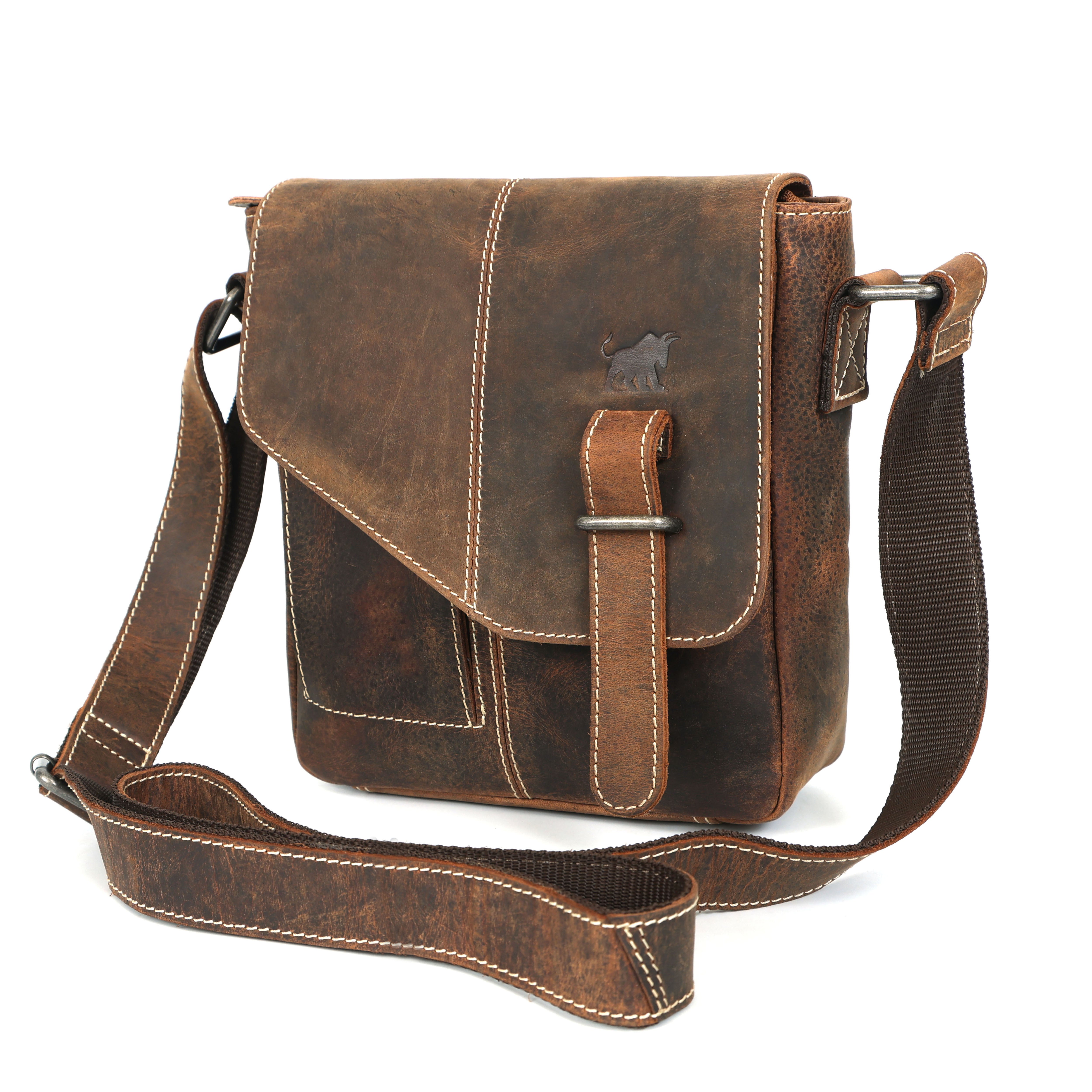 distressed hunter leather messenger bag with a flap closure, a buckle, and a bull logo