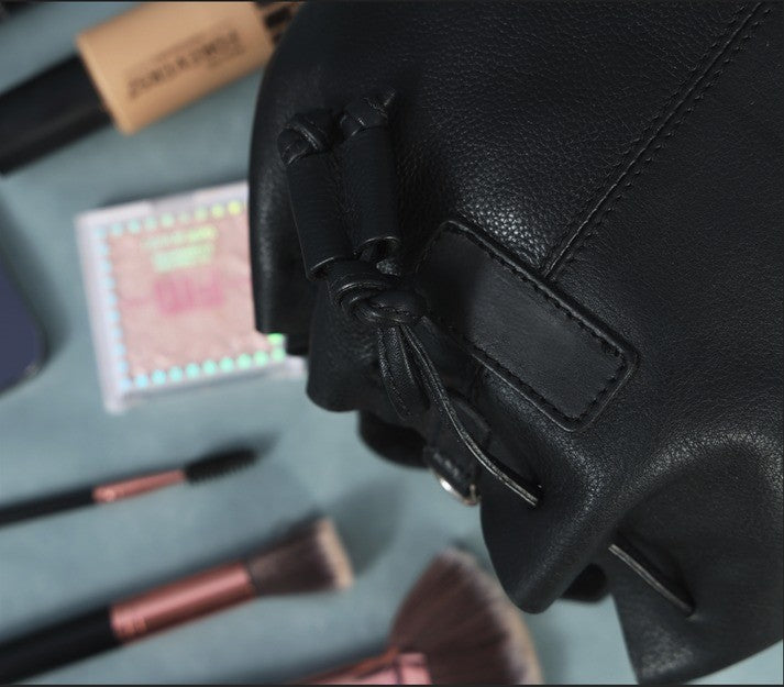 Premium Black Leather Bucket Bag | Small Crossbody Drawstring(1755)