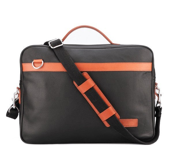 Black and orange laptop bag with a strap on a white background