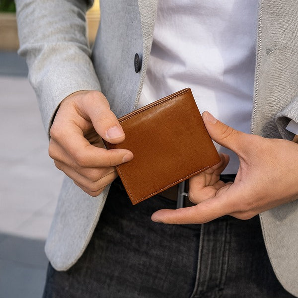 Person holding a brown wallet with a blurred background