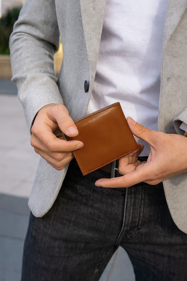 Person holding a brown wallet with a blurred background