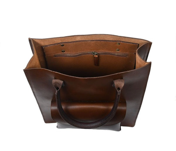 Brown leather tote bag on a white background