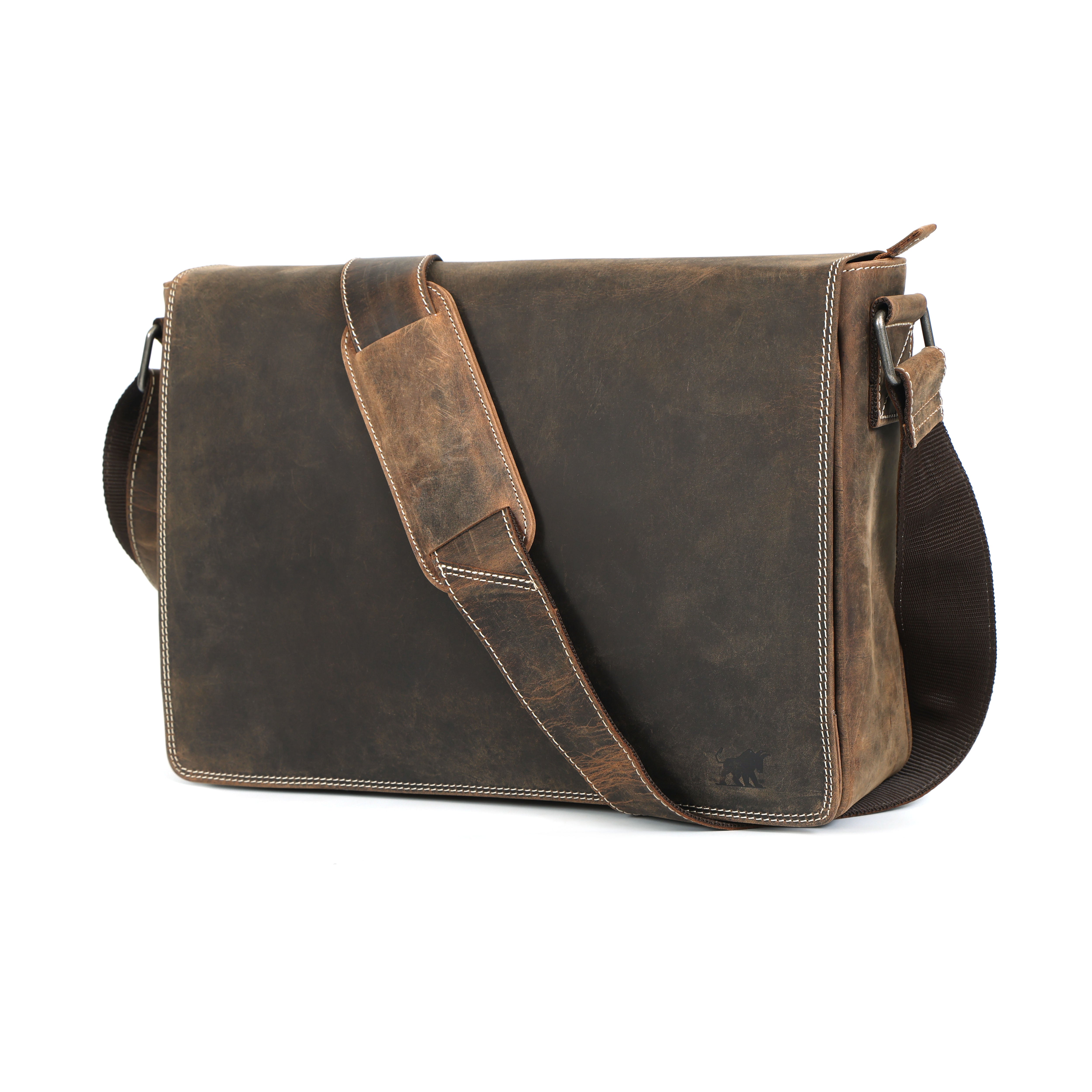 Distressed full-grain leather messenger bag with a single flap closure and an adjustable textile strap