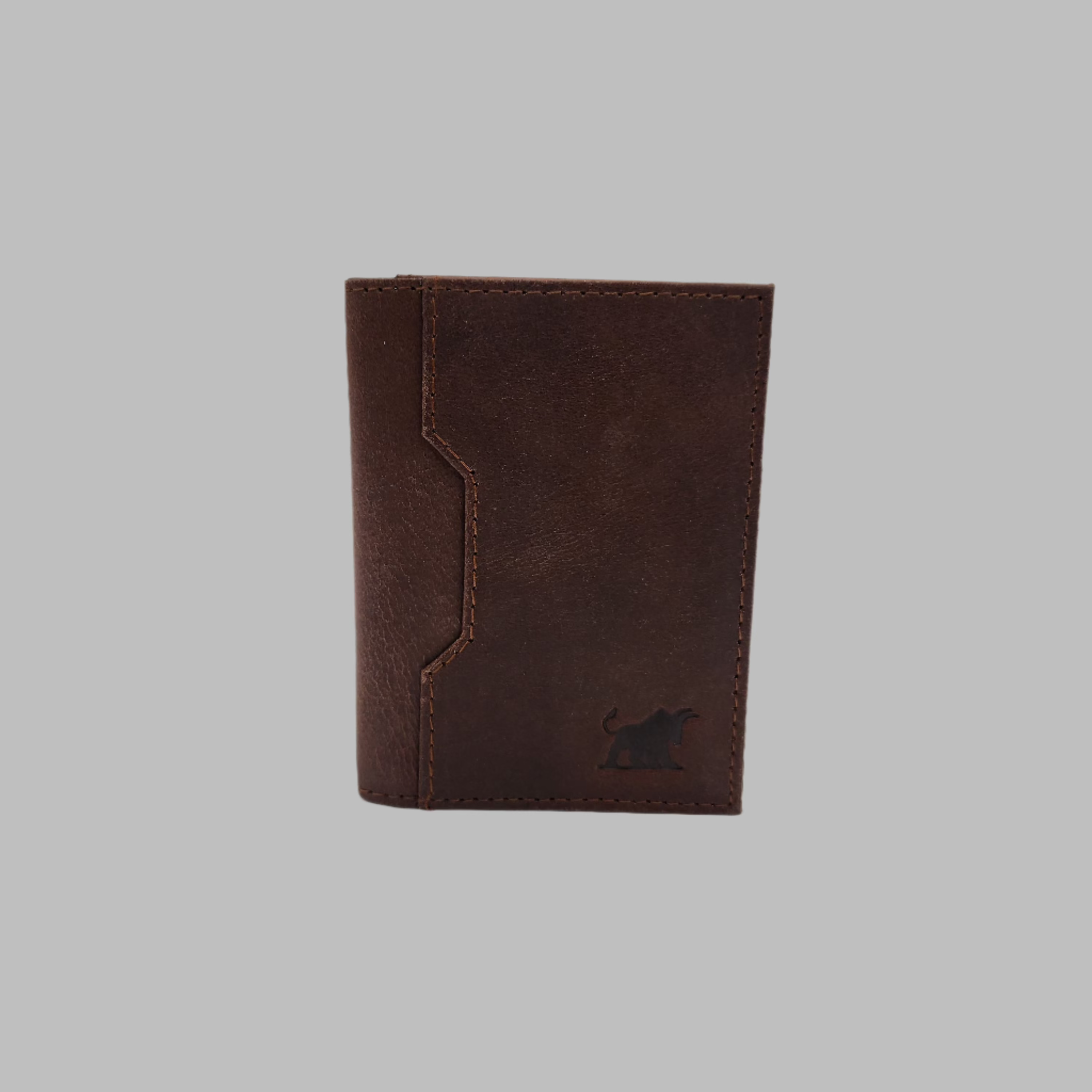 Open brown full-grain leather RFID bi-fold wallet by GM Leather Auckland, showing the interior card slots, clear ID window, and quick-access pull-tab mechanism