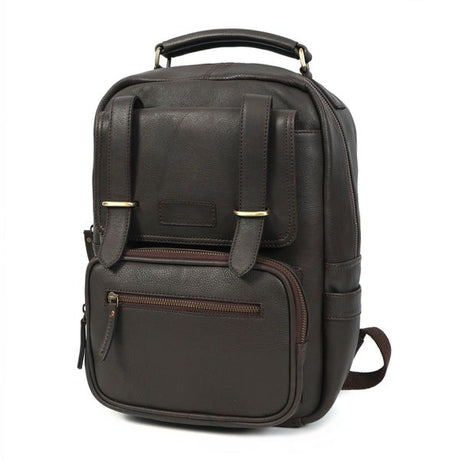 Main product photo of the GM Leather Men's Full-Grain Brown Leather Backpack, showing its 45cm height, 30cm width, and 14cm depth. Ideal for 15-inch laptop transport, available at GM Leather Auckland, New Lynn.