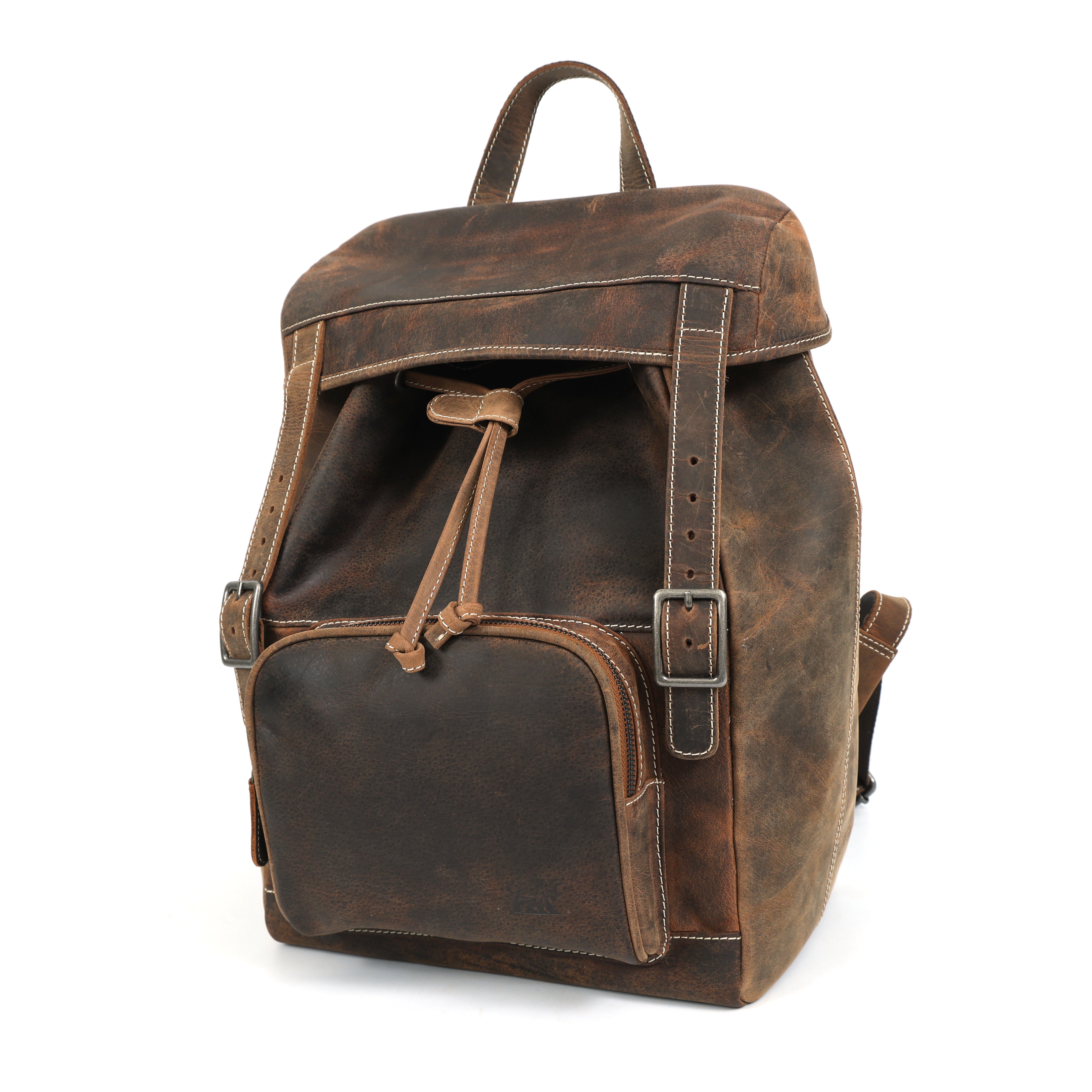 Main product photo of the GM Leather Vintage Distressed Brown Leather Rucksack, featuring a flap top with buckle straps, drawstring closure, and front utility pocket. Perfect for rugged travel. Available at GM Leather Auckland.