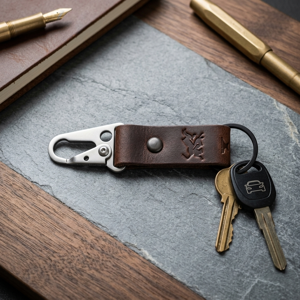 Brown leather keychain with carabiner on a wooden surface