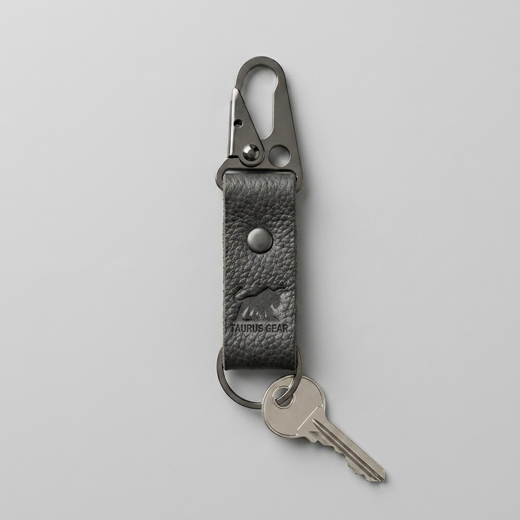 Keychain with leather strap and carabiner on a gray background