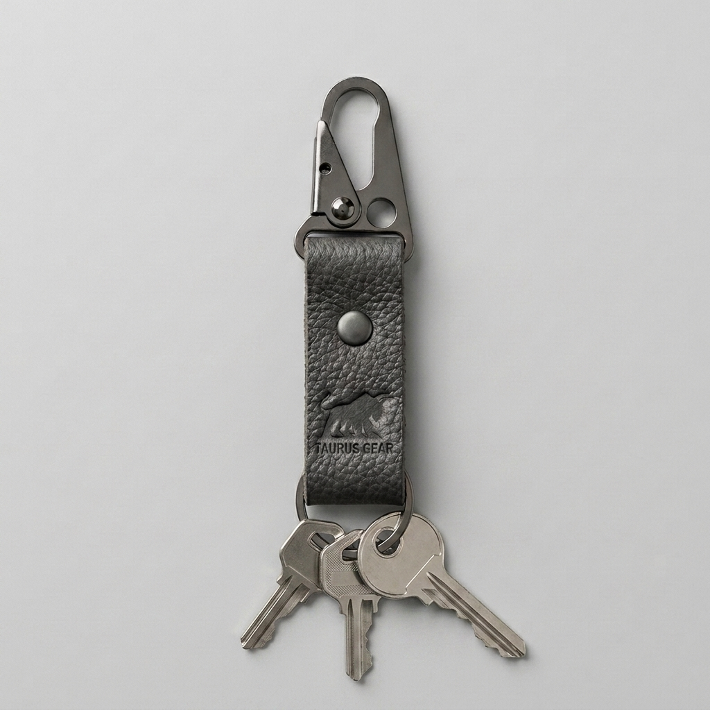 Keychain with textured leather strap and carabiner holding keys on a light gray background