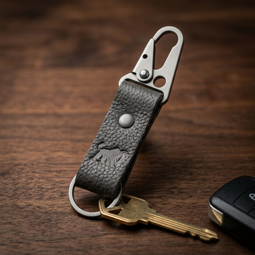 Keychain with leather pouch and key on a wooden surface
