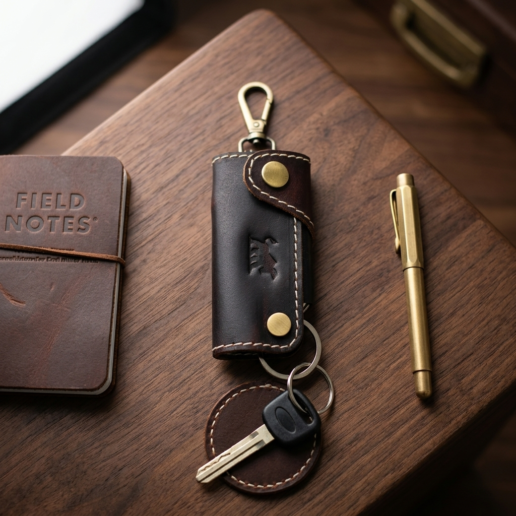 Brown leather keychain with keys on a wooden surface next to a Field Notes notebook and gold pen.