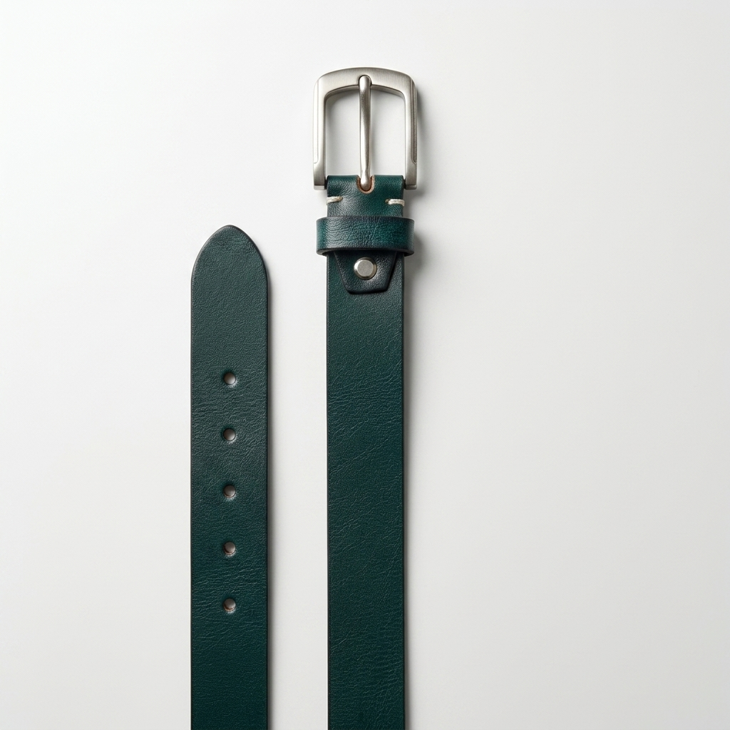Teal leather belt with silver buckle on a light gray background