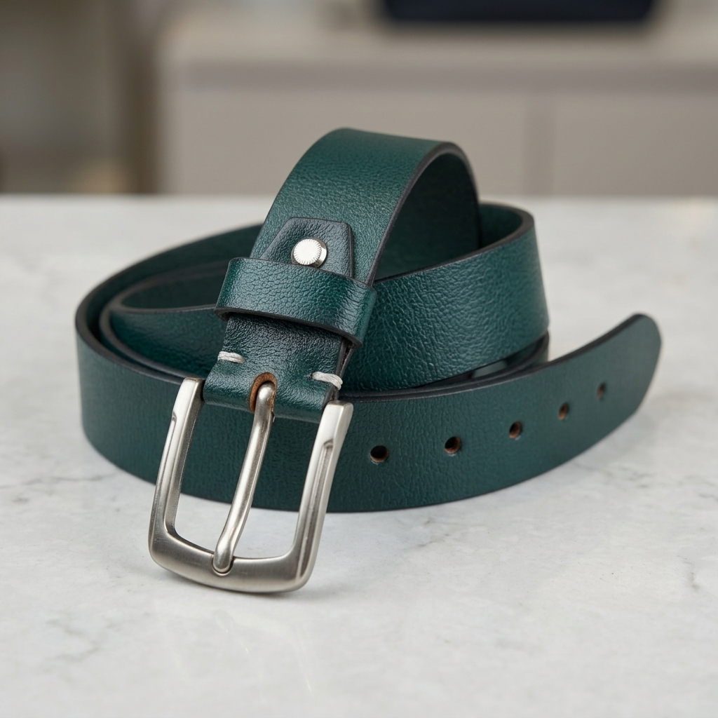 GM Leather Auckland deep teal leather belt for men and women with silver-tone buckle displayed on a light surface