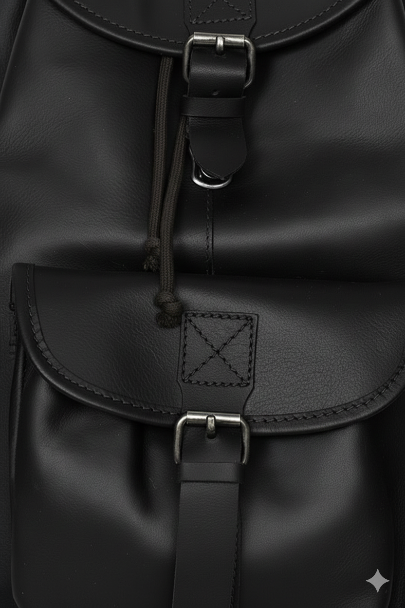 Full Grain Leather Backpack | GM Leather Drawstring Backpack | Rugged Black Full-Grain(1538)