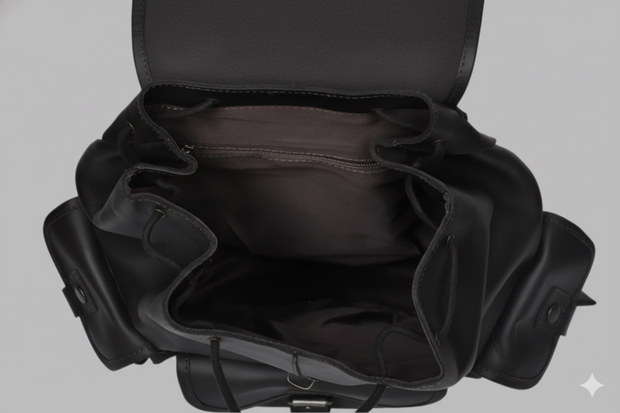 Full Grain Leather Backpack | GM Leather Drawstring Backpack | Rugged Black Full-Grain(1538)