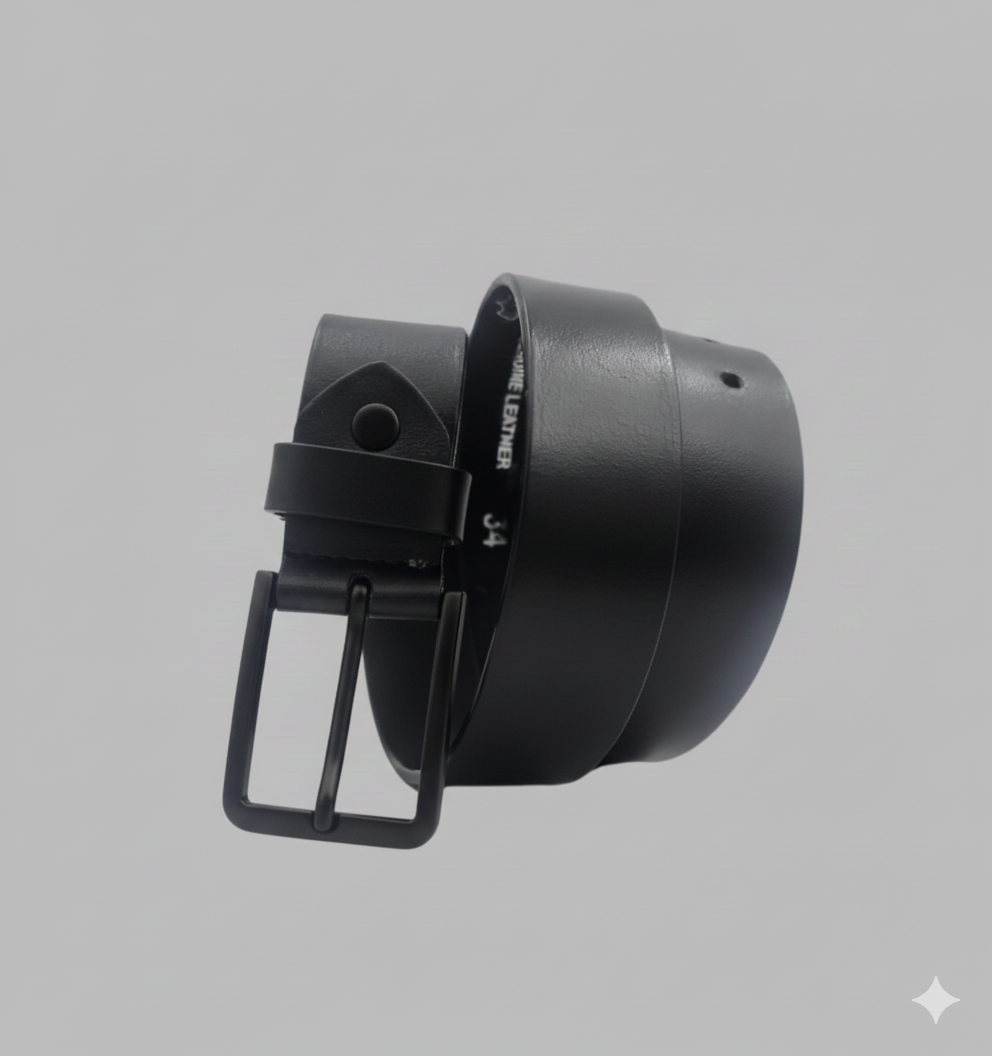 Black belt with a metallic buckle on a light gray background