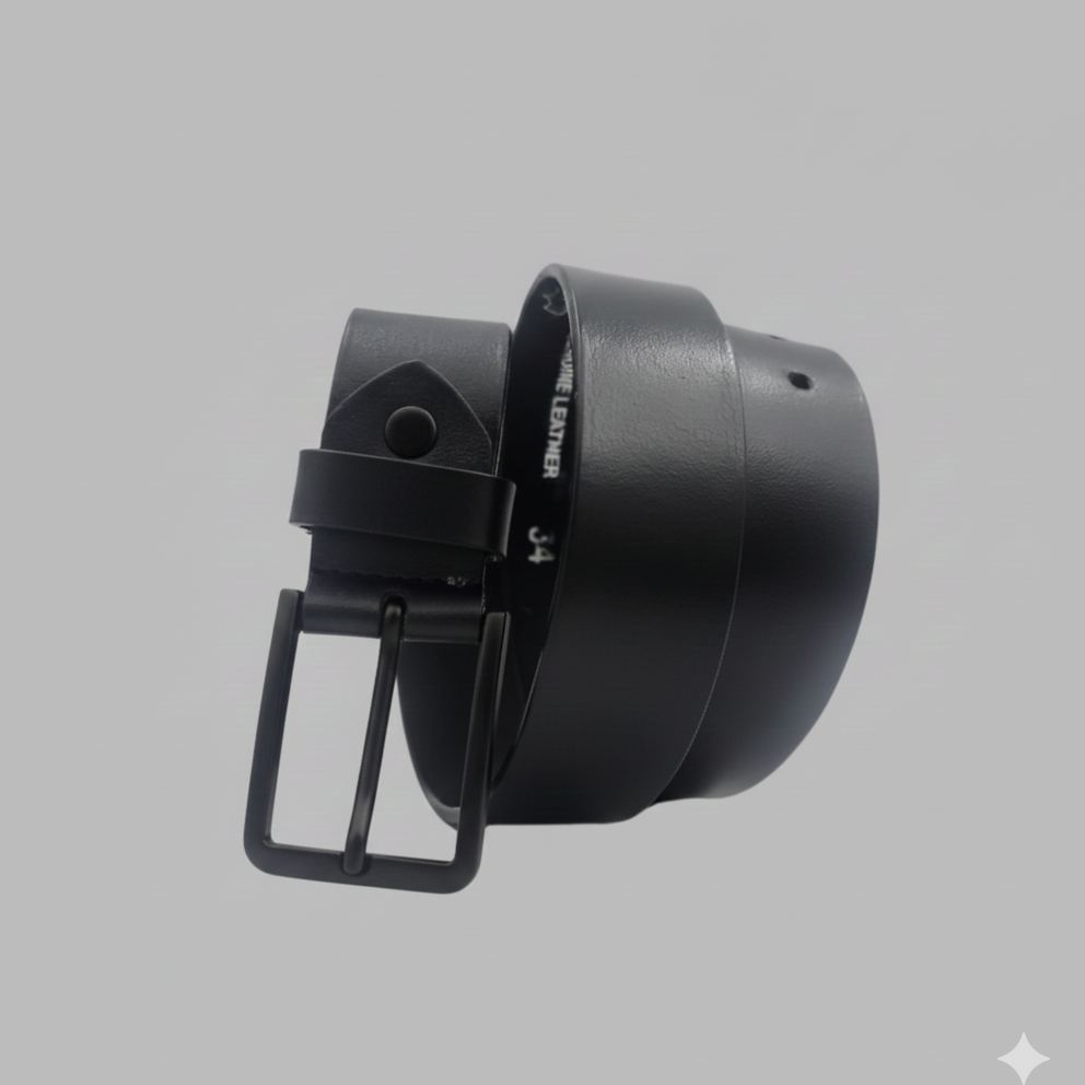 Black belt with a metallic buckle on a light gray background