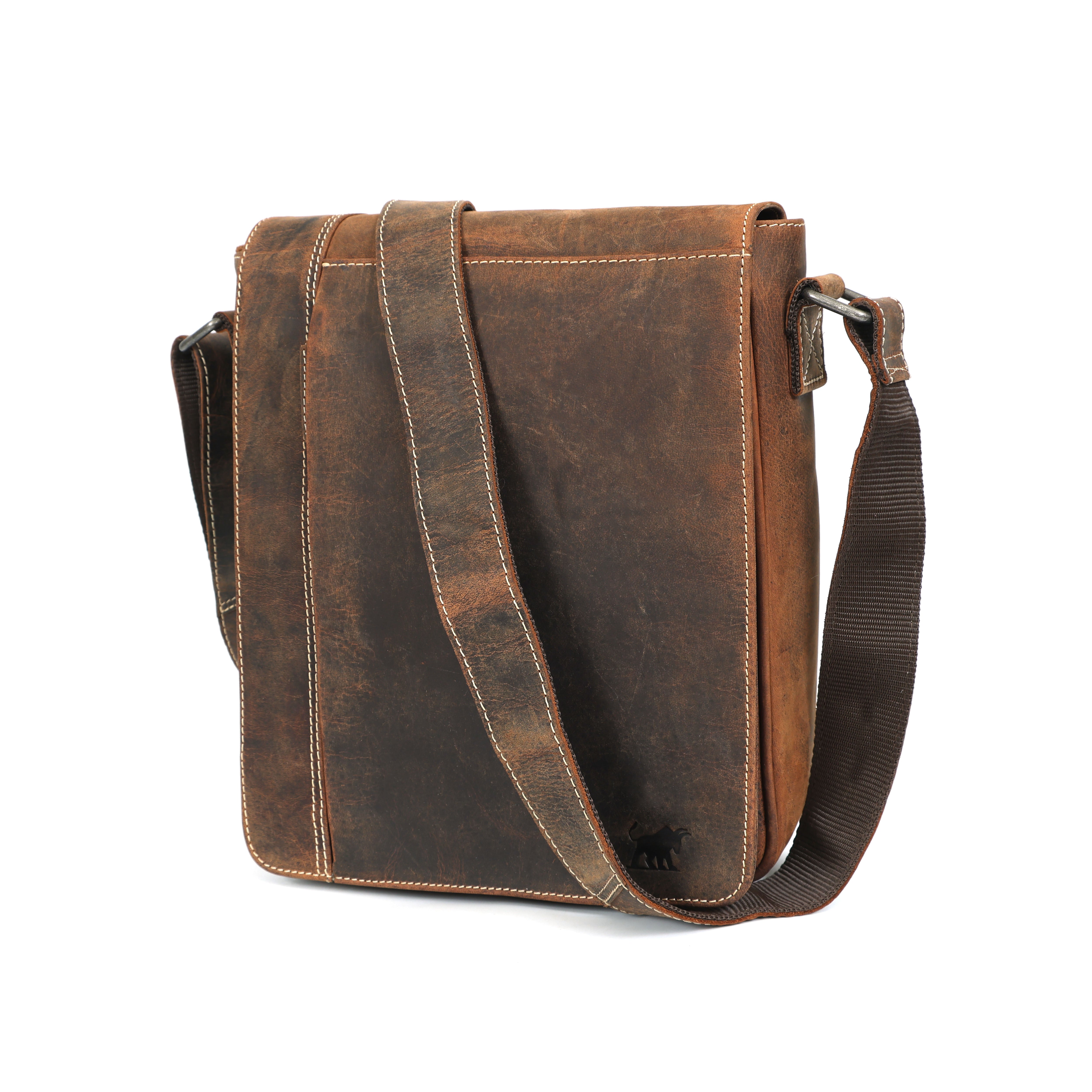 brown distressed hunter leather messenger bag with a flap-over closure, white contrast stitching, a bull logo on the front, and a wide shoulder strap.
