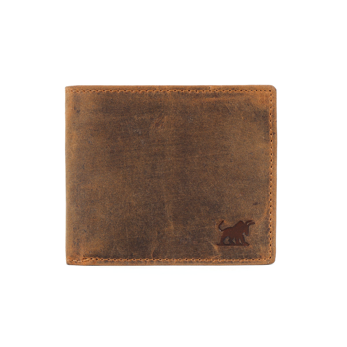 Premium brown vintage hunter distressed leather men's bifold wallet with an embossed bull logo by GM Leather Auckland.