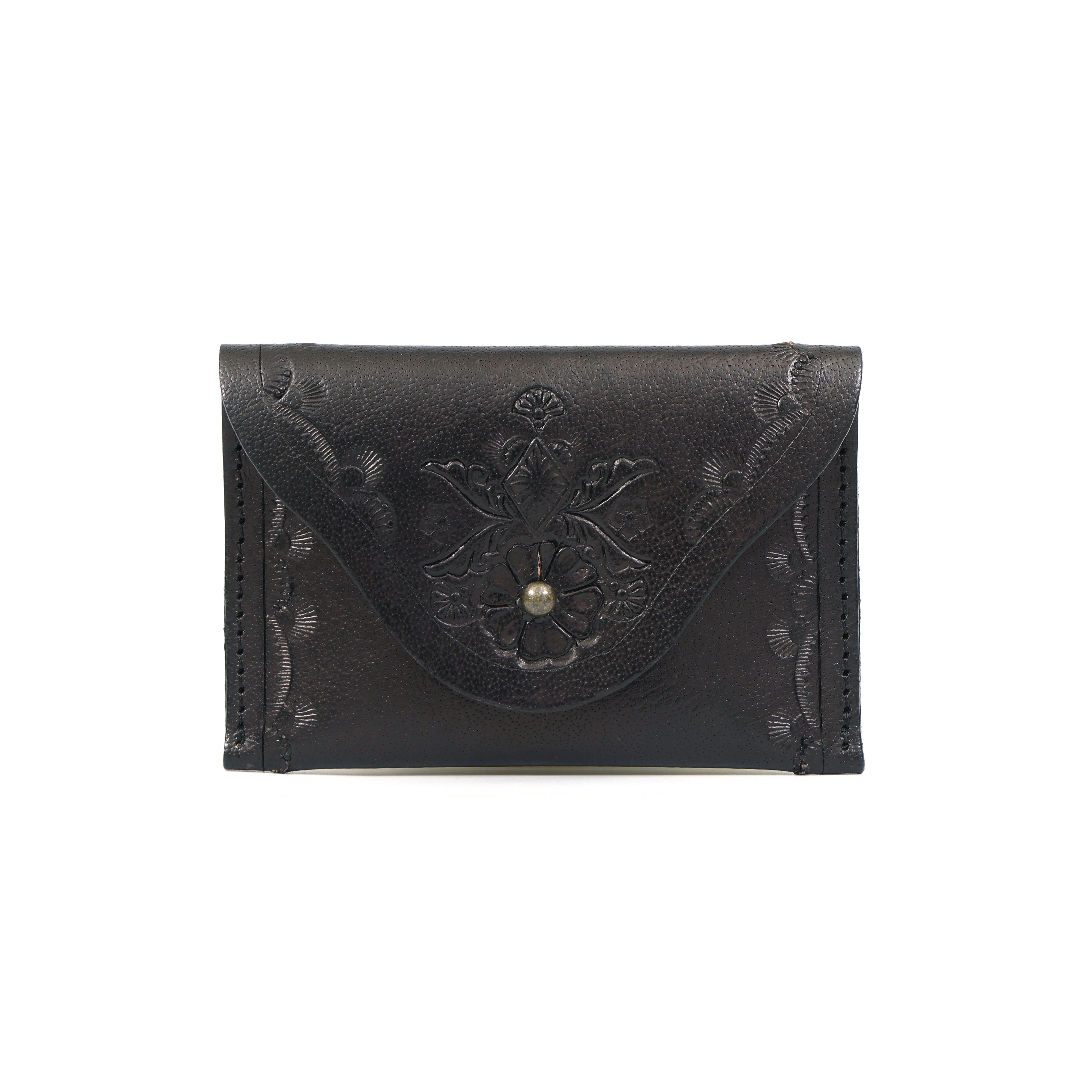 Black hand-tooled full-grain leather card case wallet with floral design, edge stitching, and a central snap closure