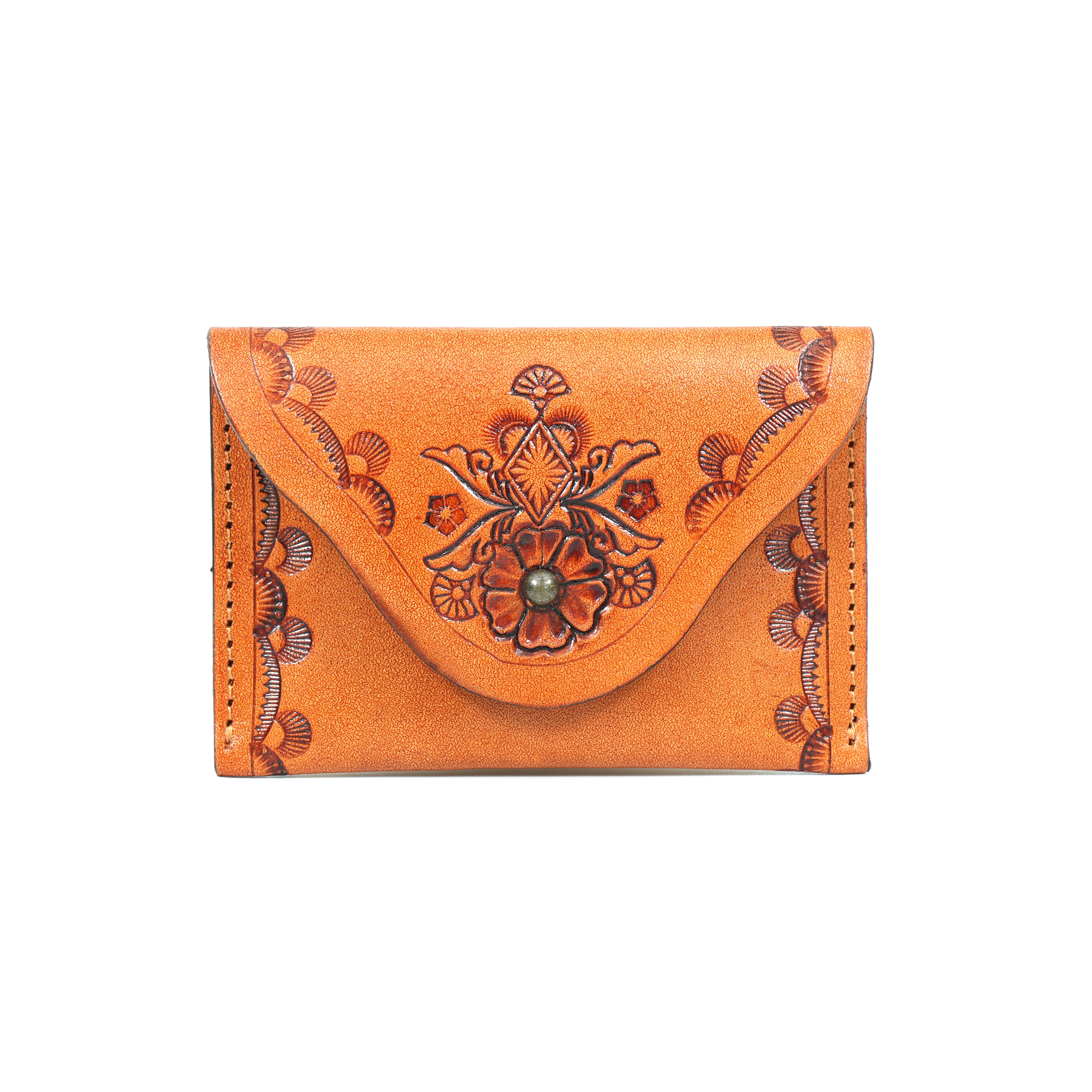 Brown hand-tooled full-grain leather card case wallet with floral design, edge stitching, and a central snap closure


