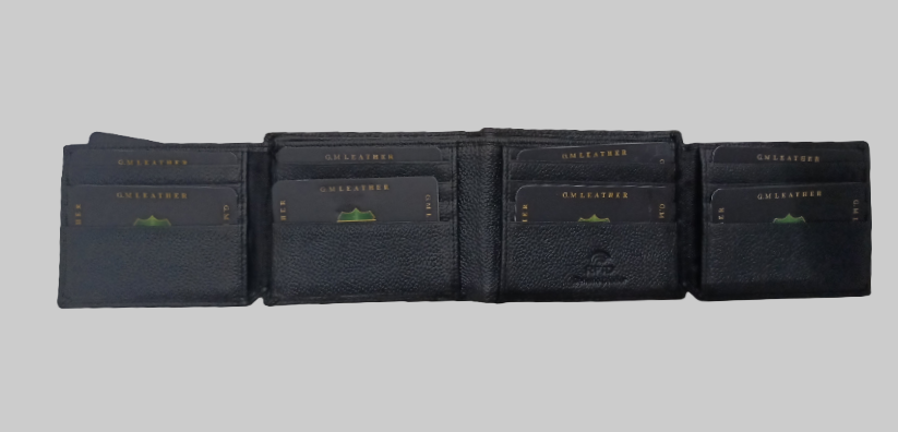 Set of four black wallets with brand name on a white background