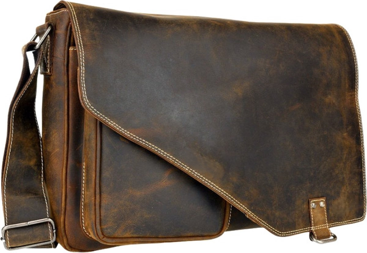 Brown leather messenger bag on a white background