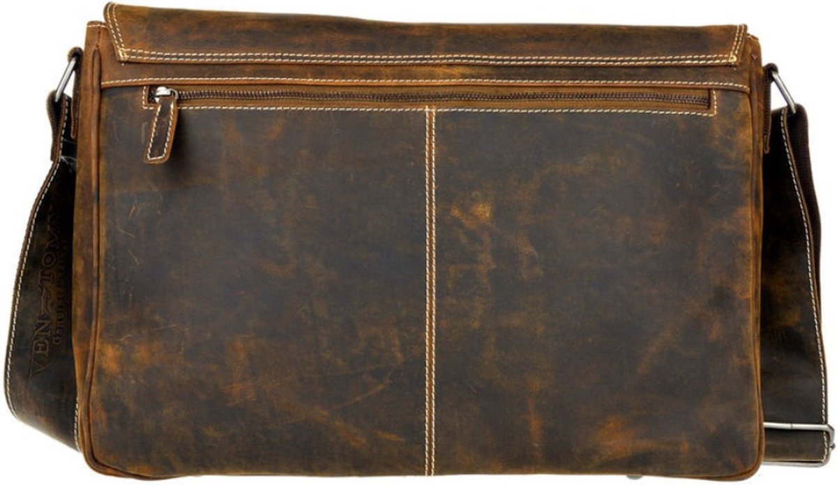 Brown leather bag with visible wear and tear on a white background